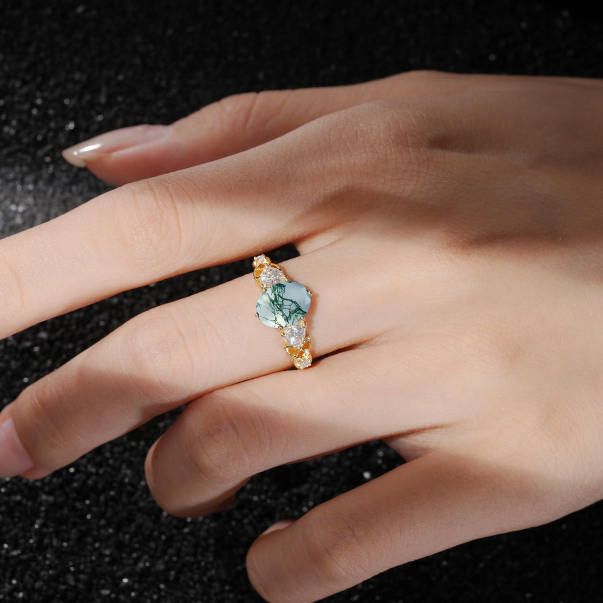 Romantic Three-Stone Oval Moss Agate Engagement Ring with Pear Round Accents