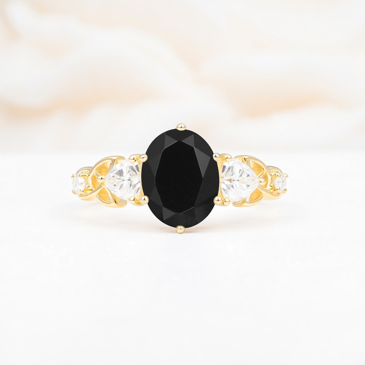 Elegant Oval Cut Trillion Side Accent Black Onyx Engagement Ring - Additional view