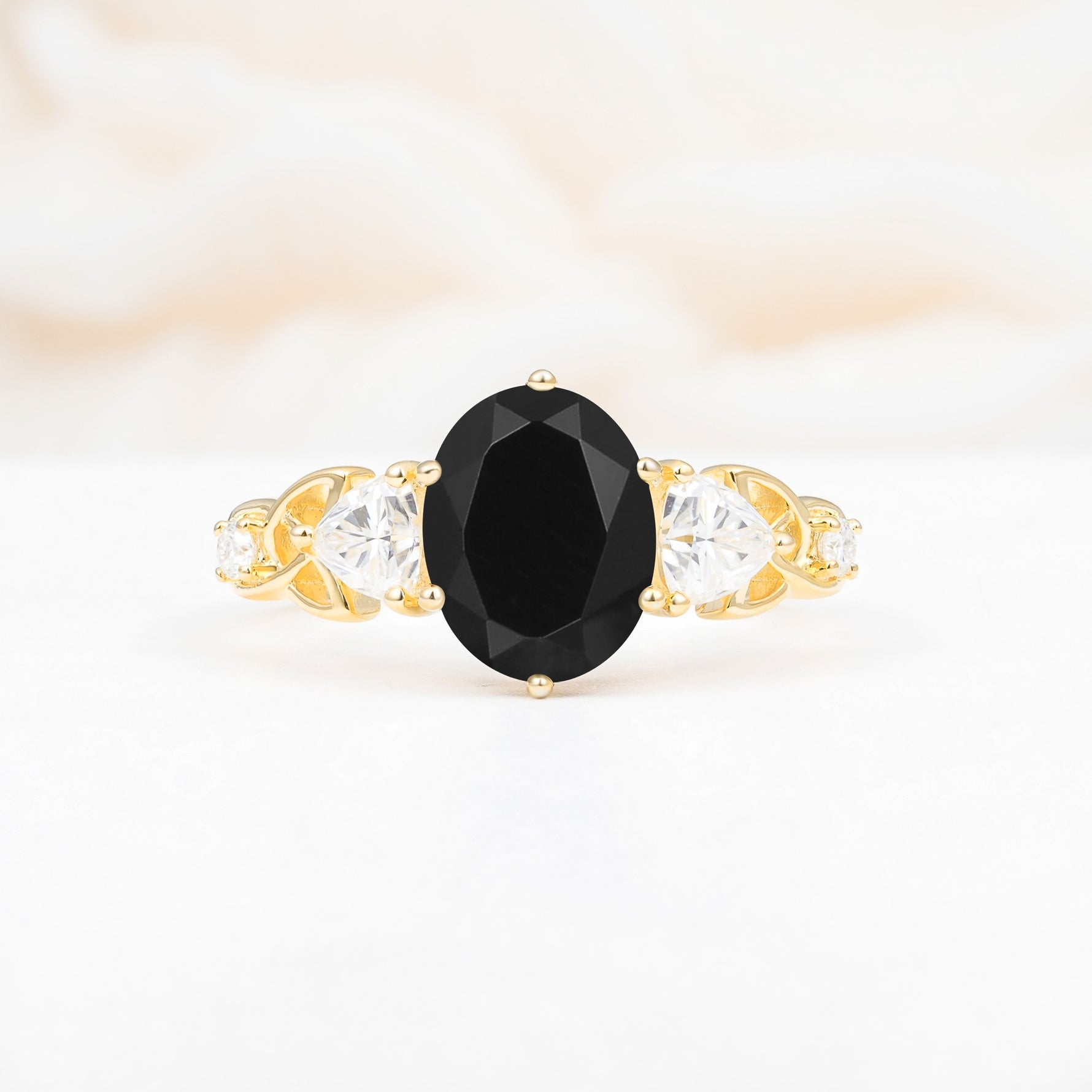 Elegant Oval Cut Trillion Side Accent Black Onyx Engagement Ring - Additional view