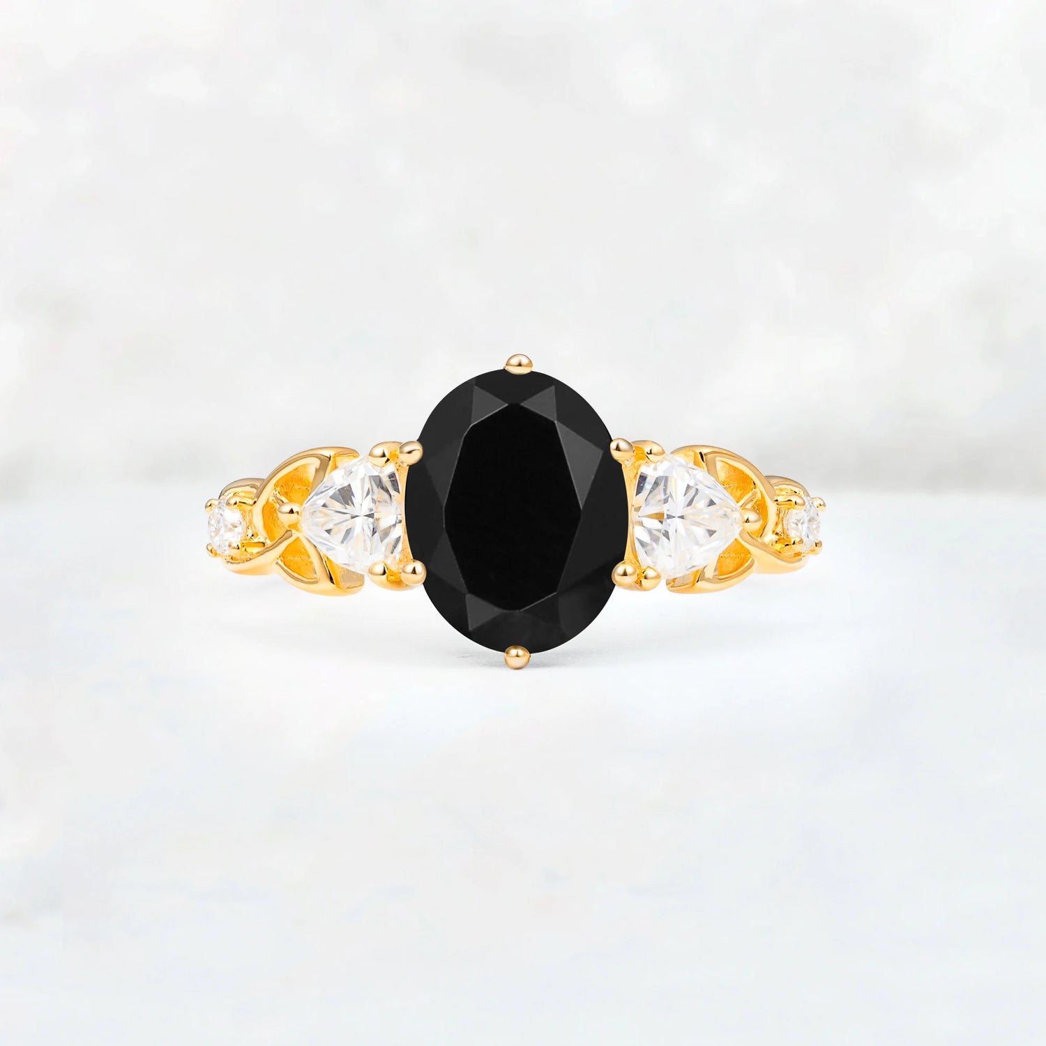 Elegant Oval Cut Trillion Side Accent Black Onyx Engagement Ring