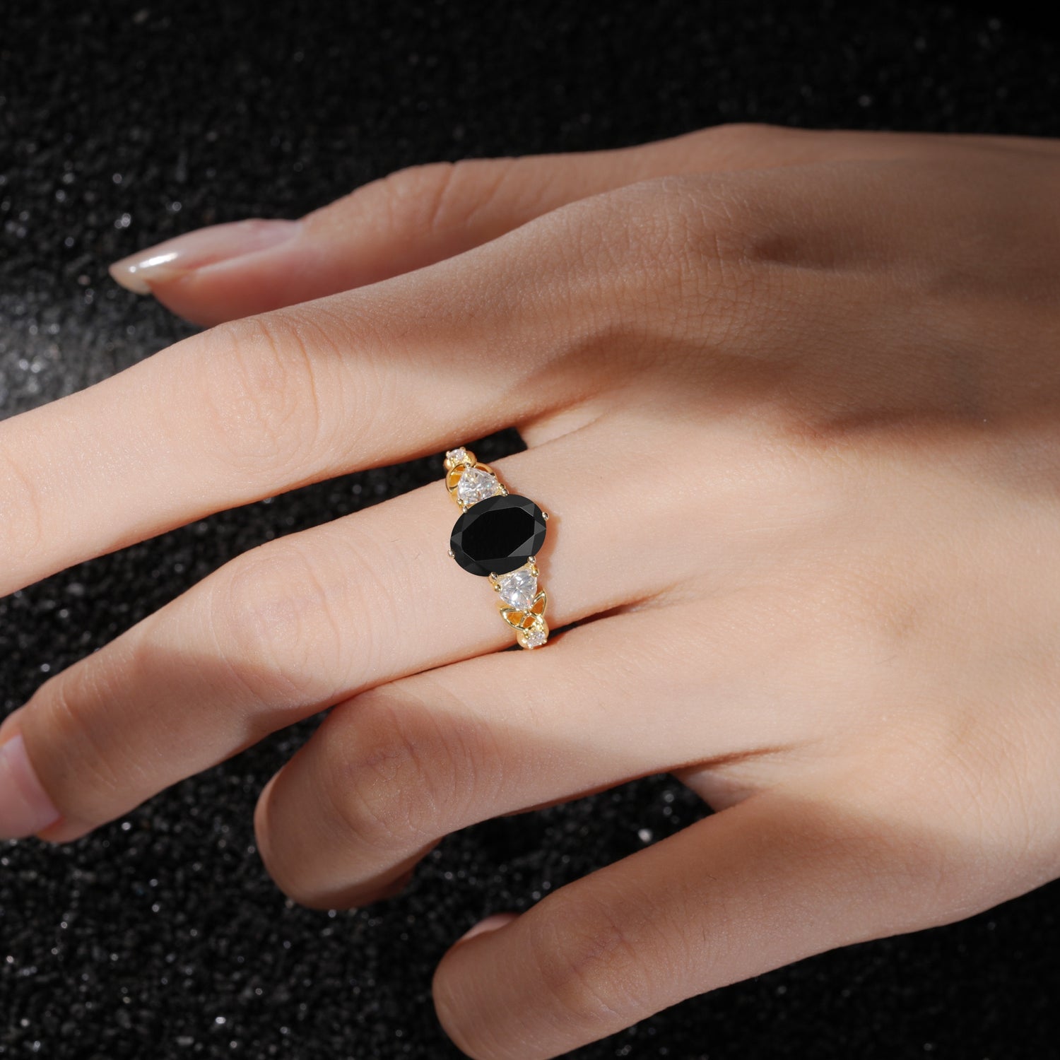 Elegant Oval Cut Trillion Side Accent Black Onyx Engagement Ring - Additional view