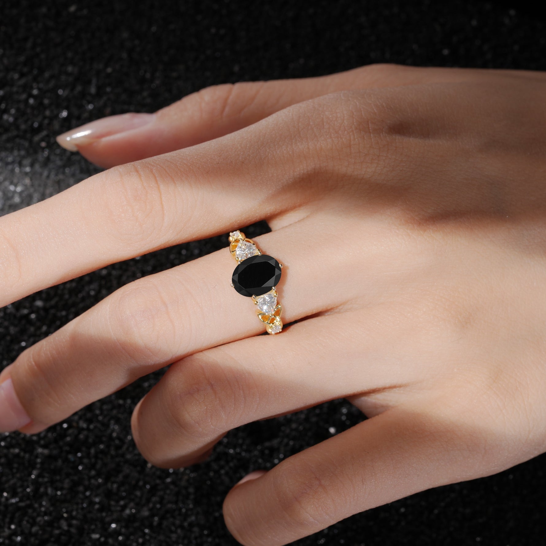 Elegant Oval Cut Trillion Side Accent Black Onyx Engagement Ring - Additional view