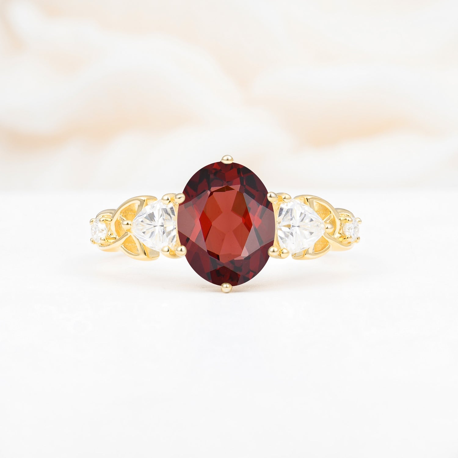 Elegant Oval Cut Trillion Side Accent Garnet Engagement Ring - Additional view