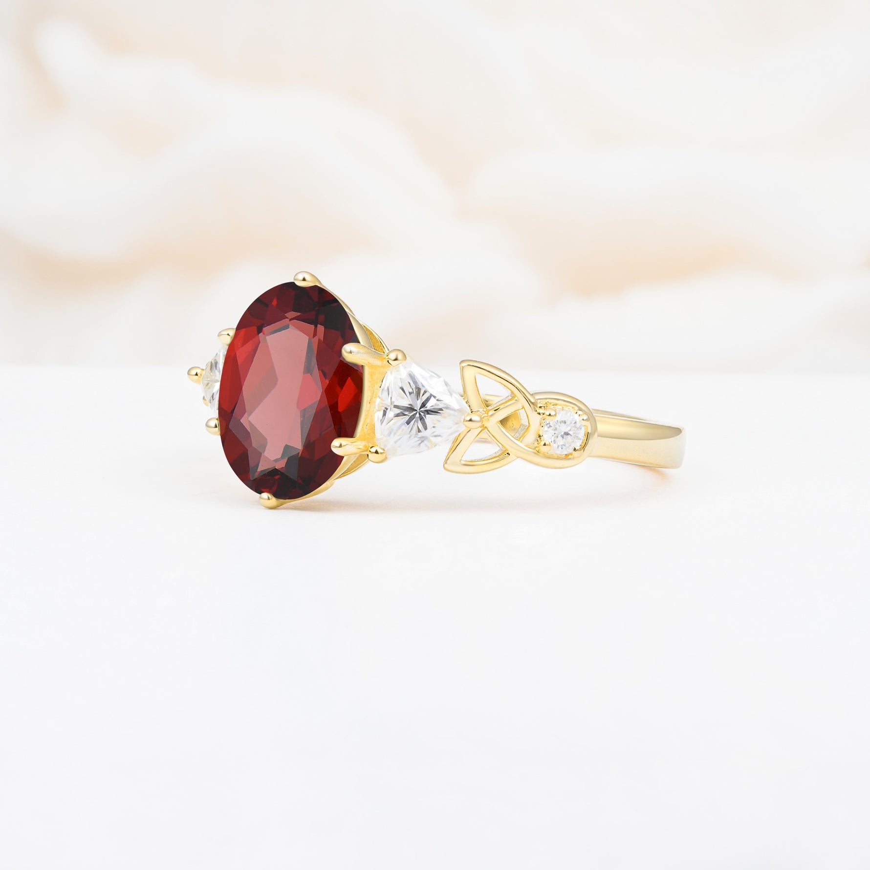 Elegant Oval Cut Trillion Side Accent Garnet Engagement Ring - Additional view