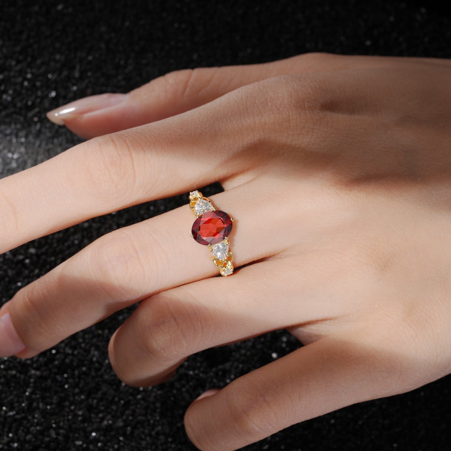 Elegant Oval Cut Trillion Side Accent Garnet Engagement Ring - Additional view
