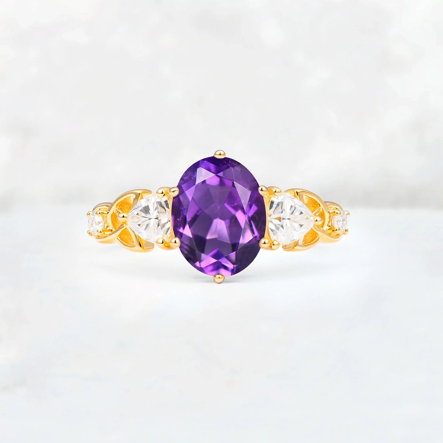 Elegant Oval Cut Trillion Side Accent Amethyst Engagement Ring