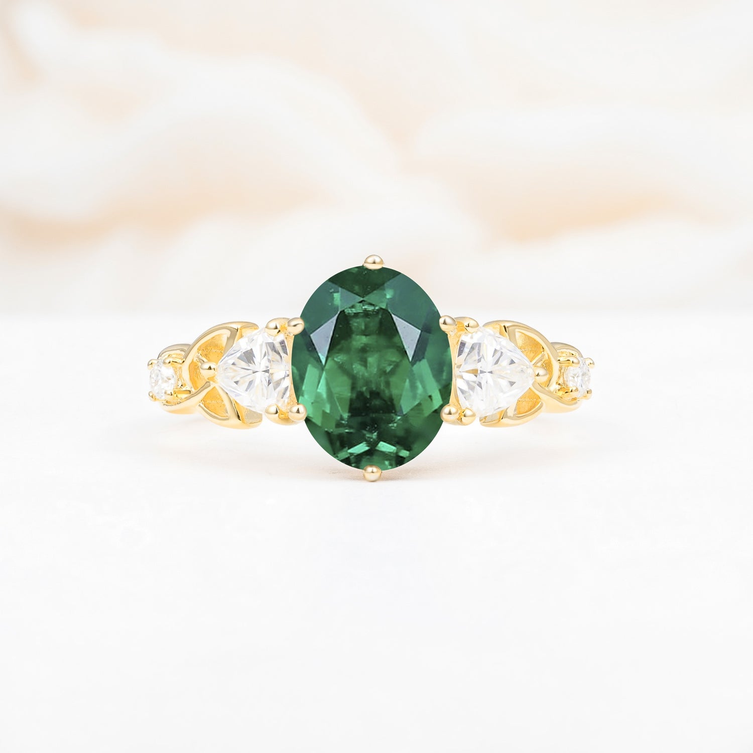 Elegant Oval Cut Trillion Side Accent Emerald Engagement Ring - Additional view