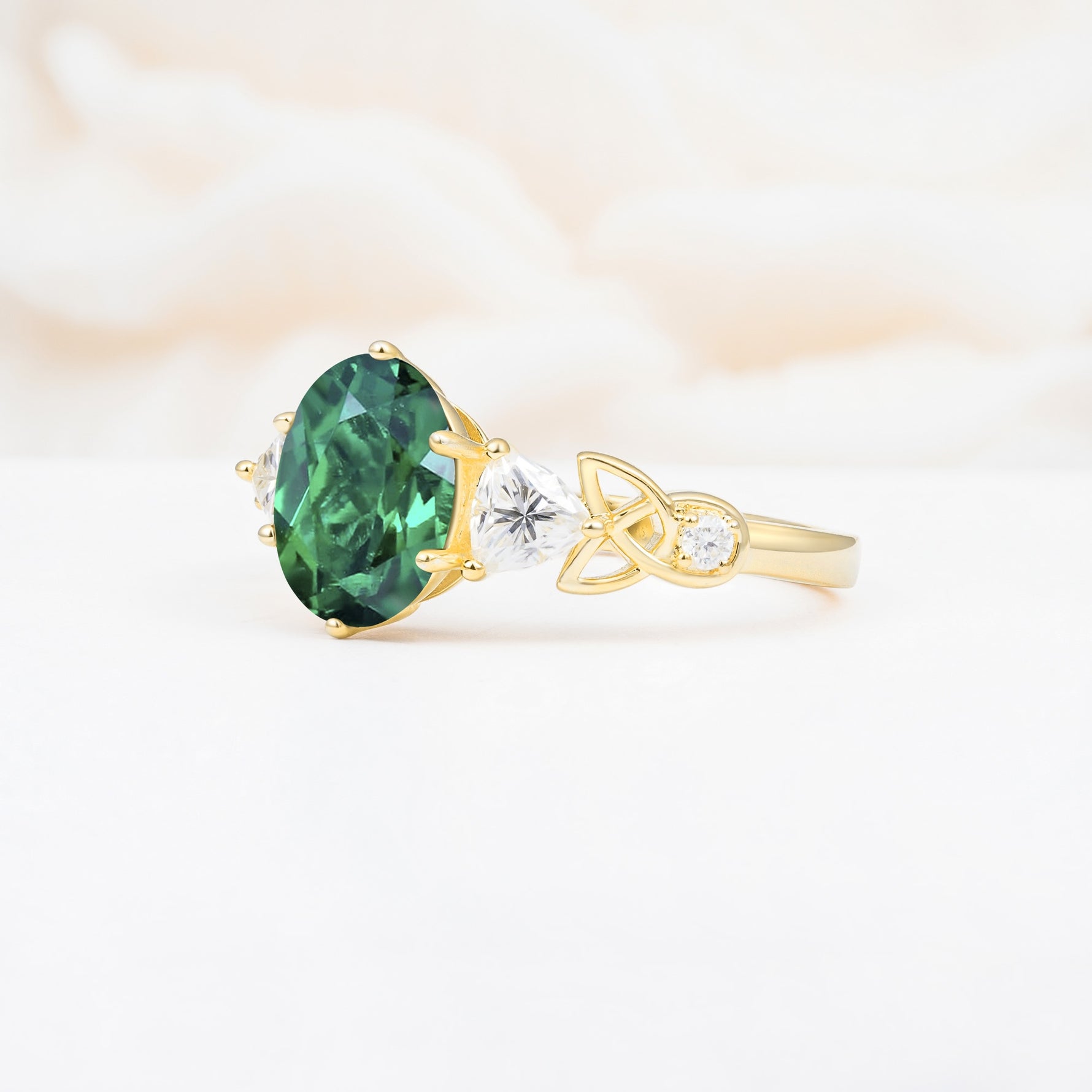 Elegant Oval Cut Trillion Side Accent Emerald Engagement Ring - Additional view