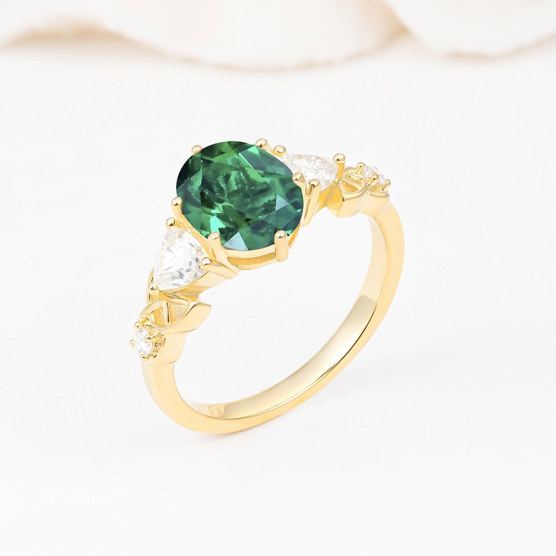 Elegant Oval Cut Trillion Side Accent Emerald Engagement Ring - Additional view