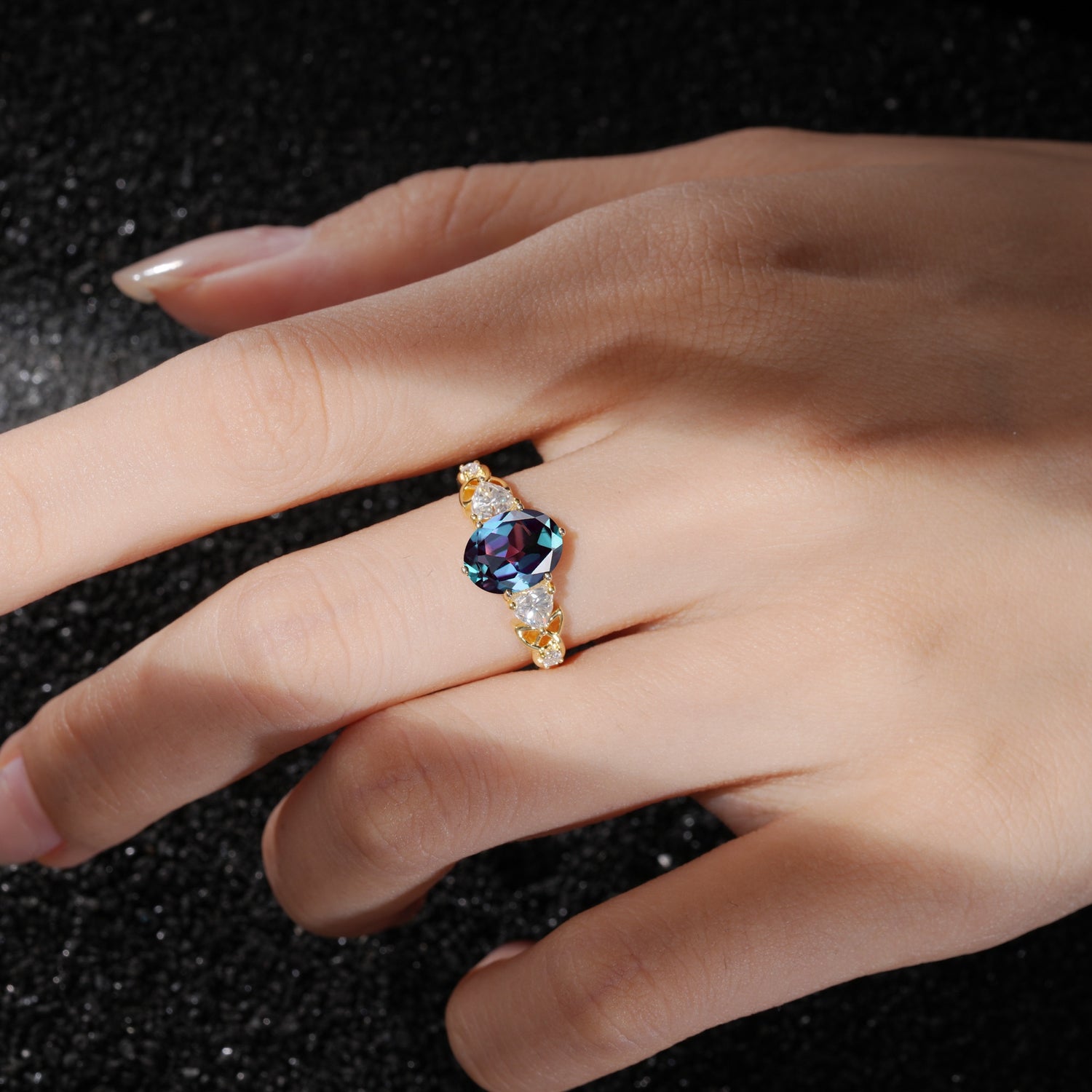 Elegant Oval Cut Trillion Side Accent Alexandrite Engagement Ring - Additional view