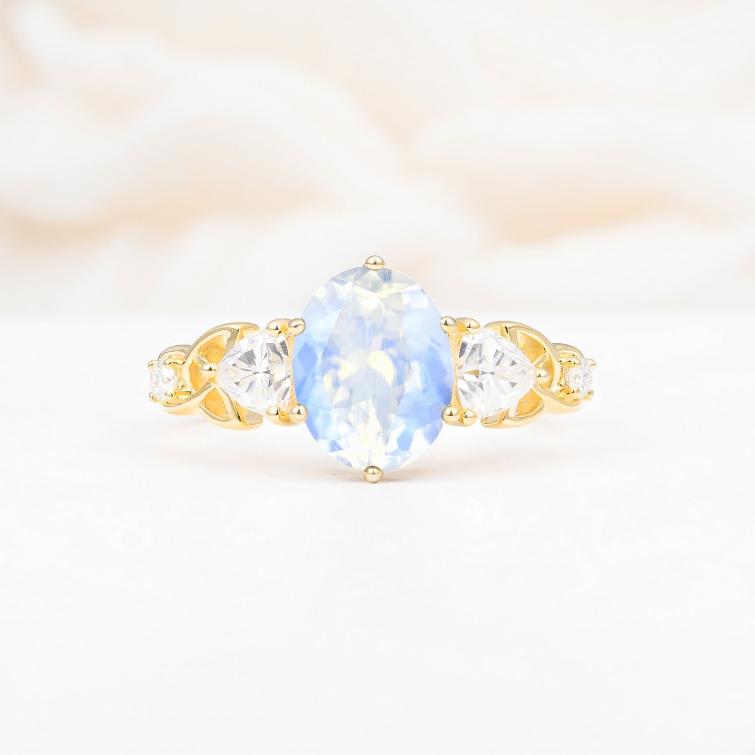 Elegant Oval Cut Trillion Side Accent Moonstone Engagement Ring - Additional view