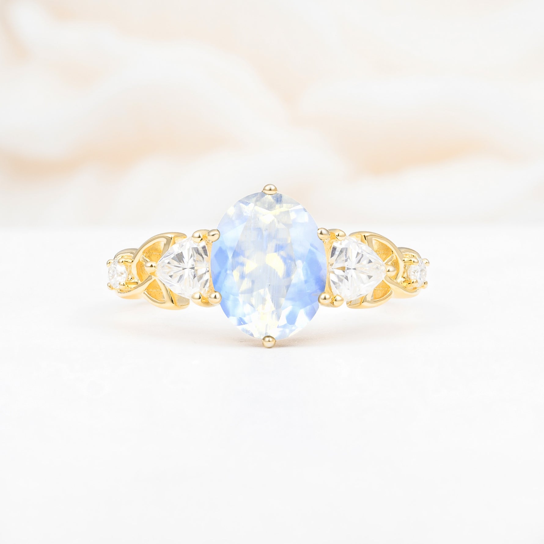 Elegant Oval Cut Trillion Side Accent Moonstone Engagement Ring - Additional view