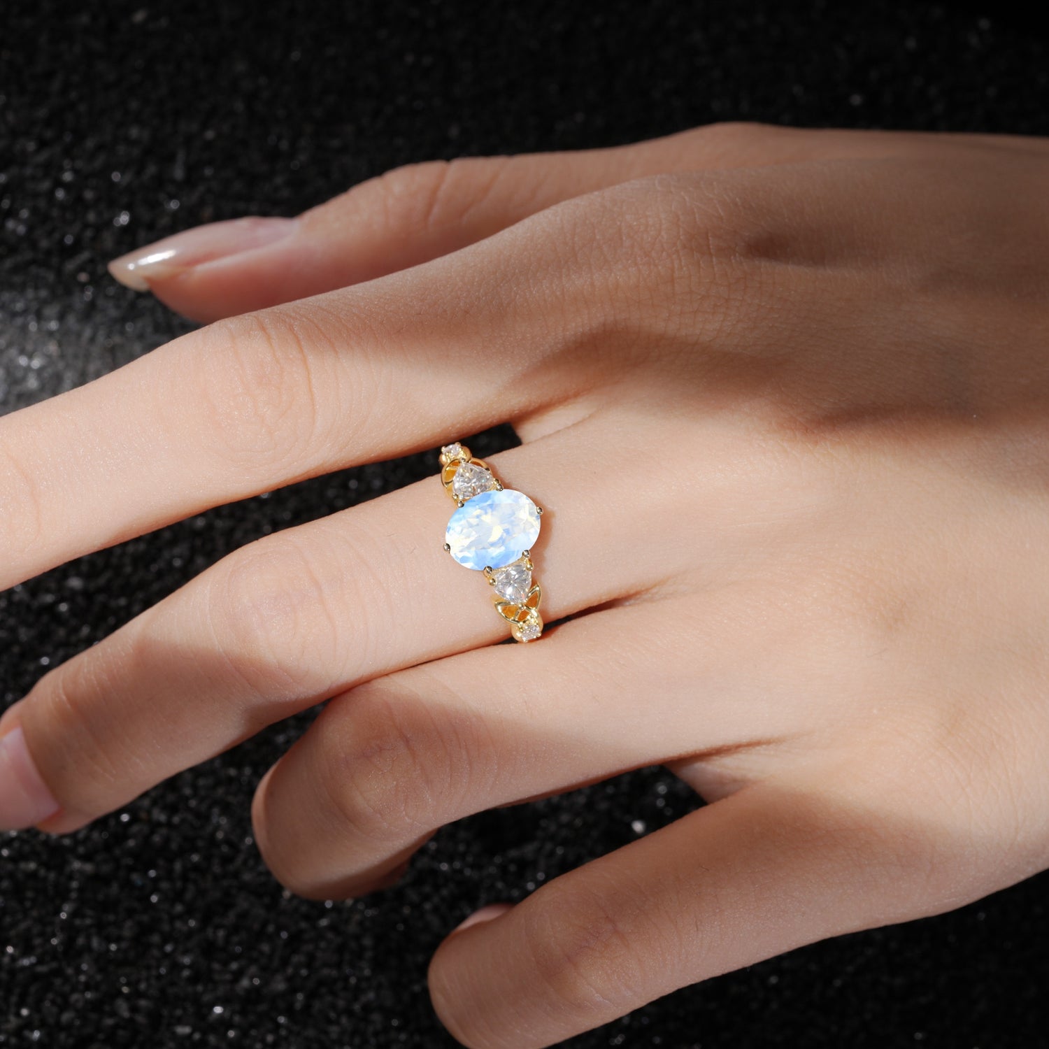 Elegant Oval Cut Trillion Side Accent Moonstone Engagement Ring - Additional view