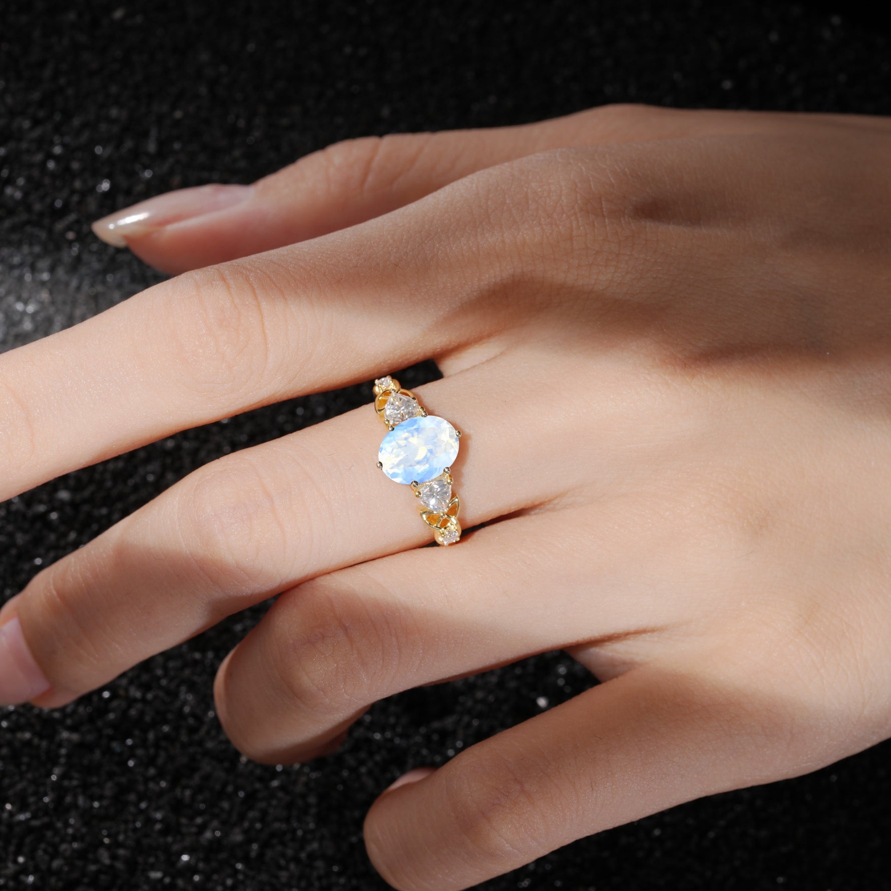 Elegant Oval Cut Trillion Side Accent Moonstone Engagement Ring - Additional view