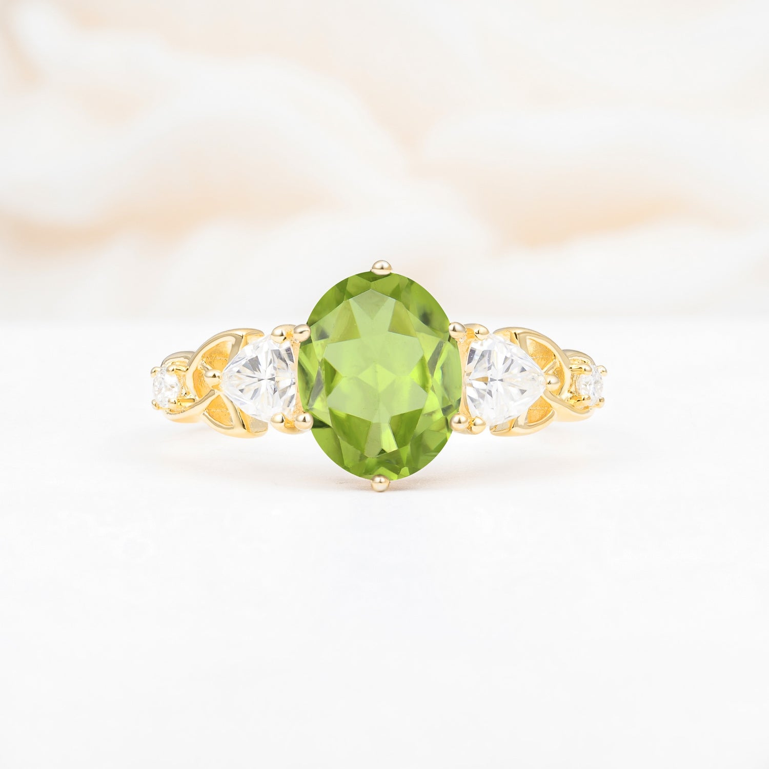 Elegant Oval Cut Trillion Side Accent Peridot Engagement Ring - Additional view