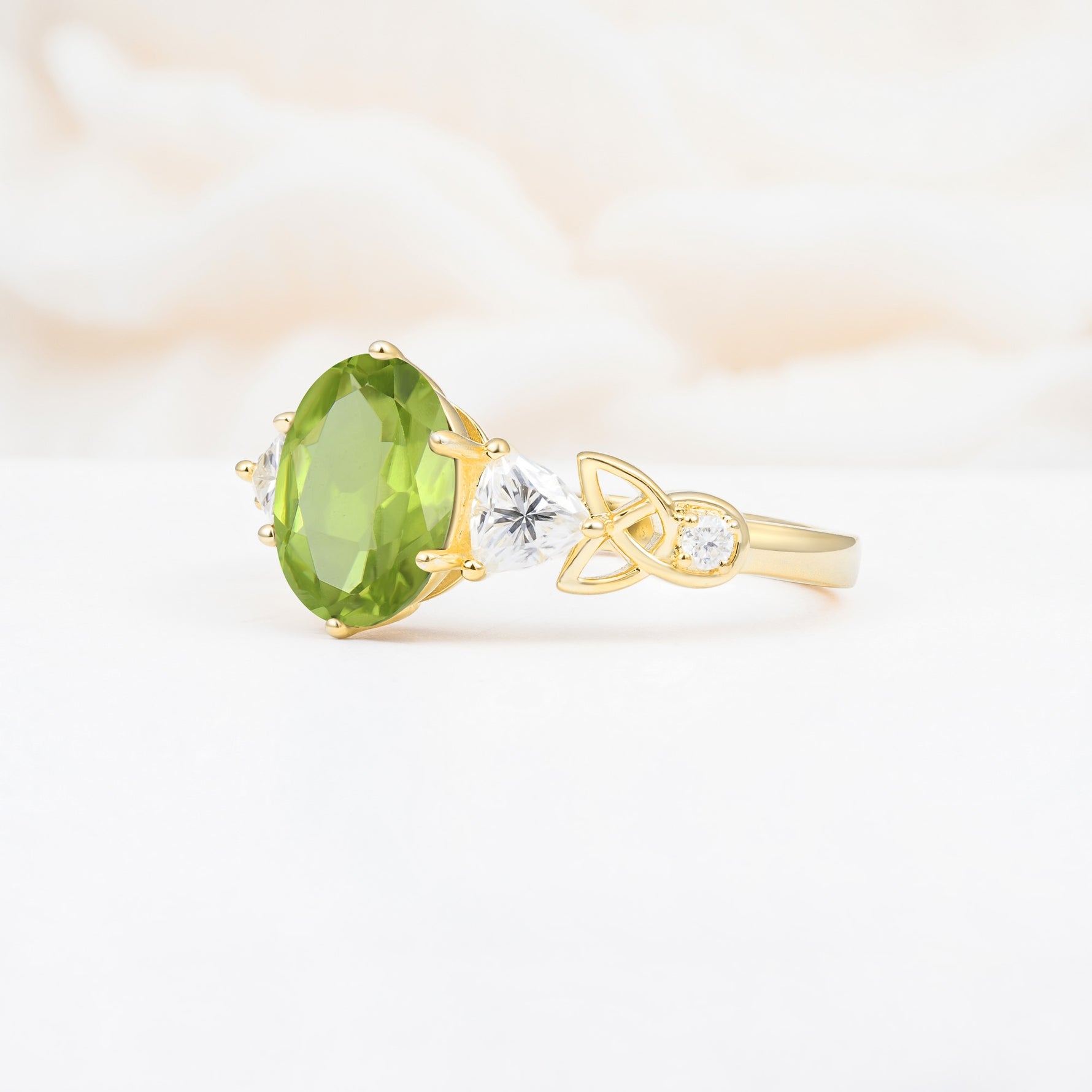 Elegant Oval Cut Trillion Side Accent Peridot Engagement Ring - Additional view