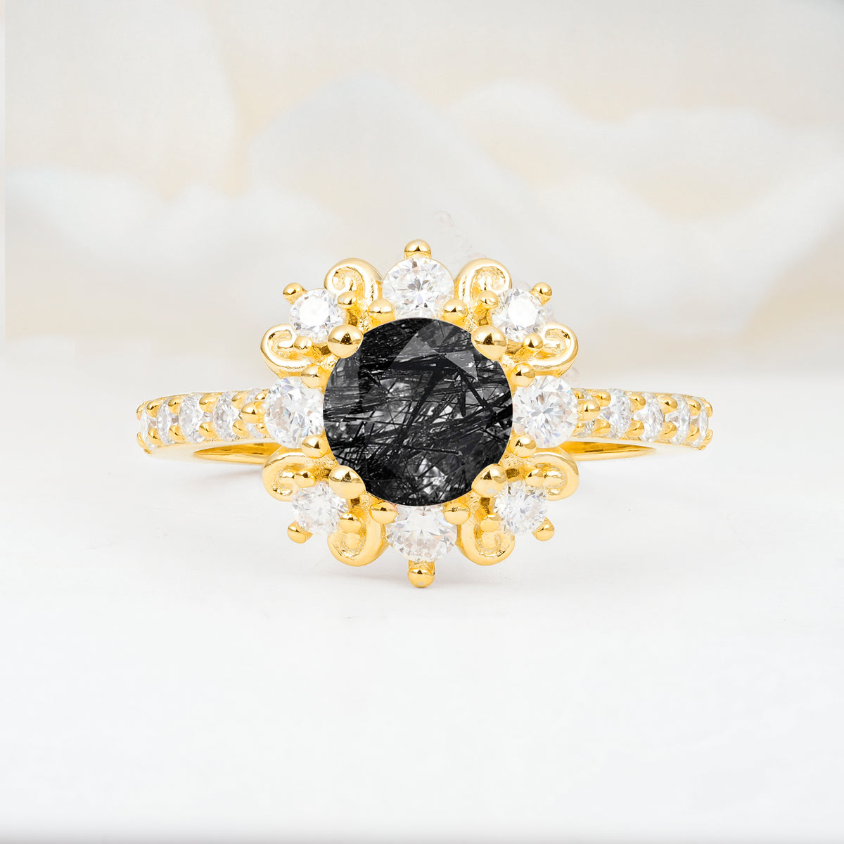 SR12539 Black Rutilated Quartz Ring - Yellow-Gold