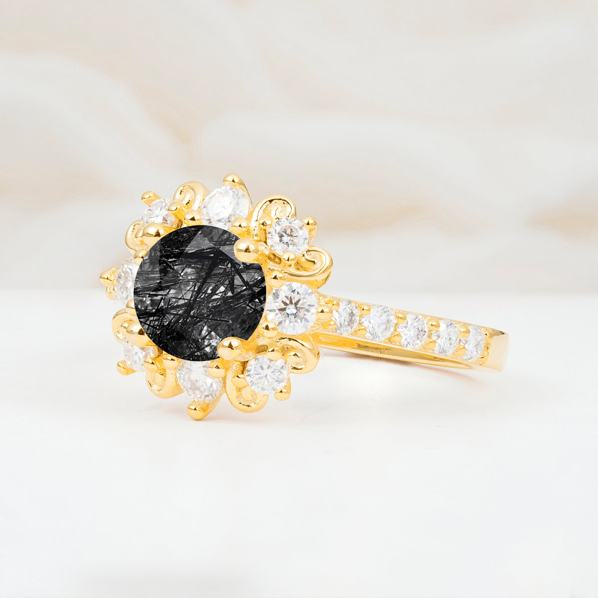 SR12539 Black Rutilated Quartz Ring - White-Gold