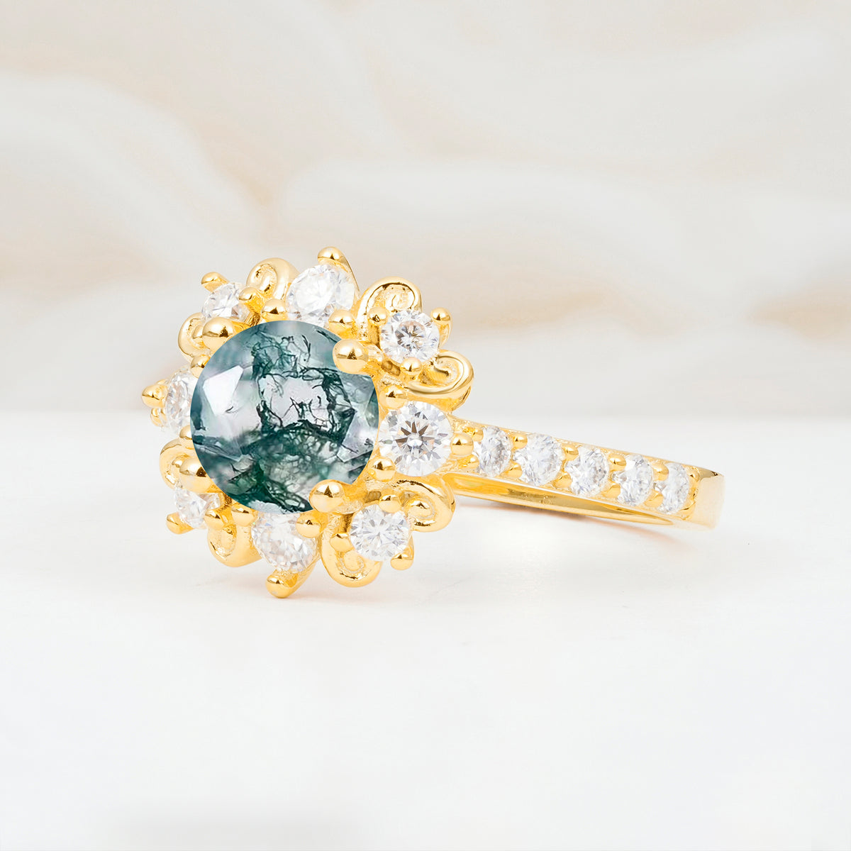 SR12539 Moss Agate Ring - White-Gold