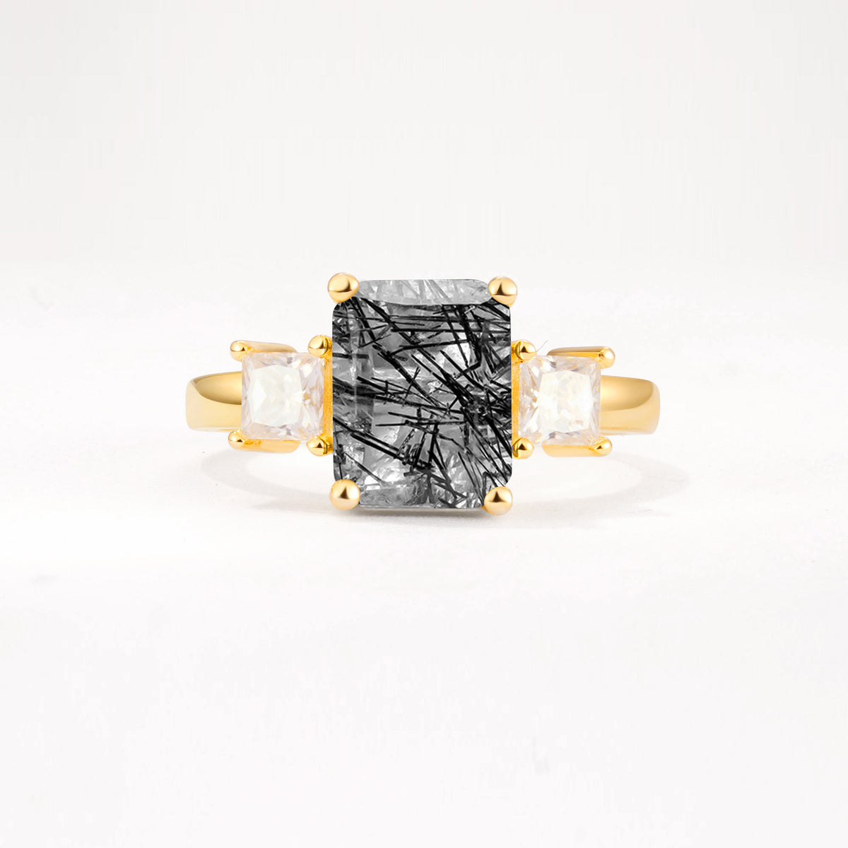 SR12583 Black Rutilated Quartz Ring - Yellow-Gold