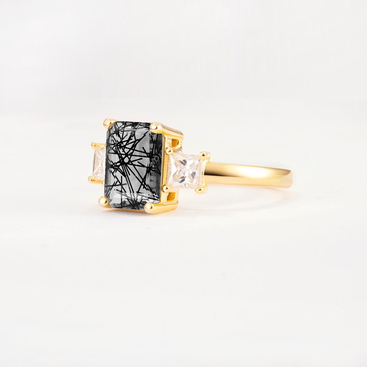 SR12583 Black Rutilated Quartz Ring - White-Gold