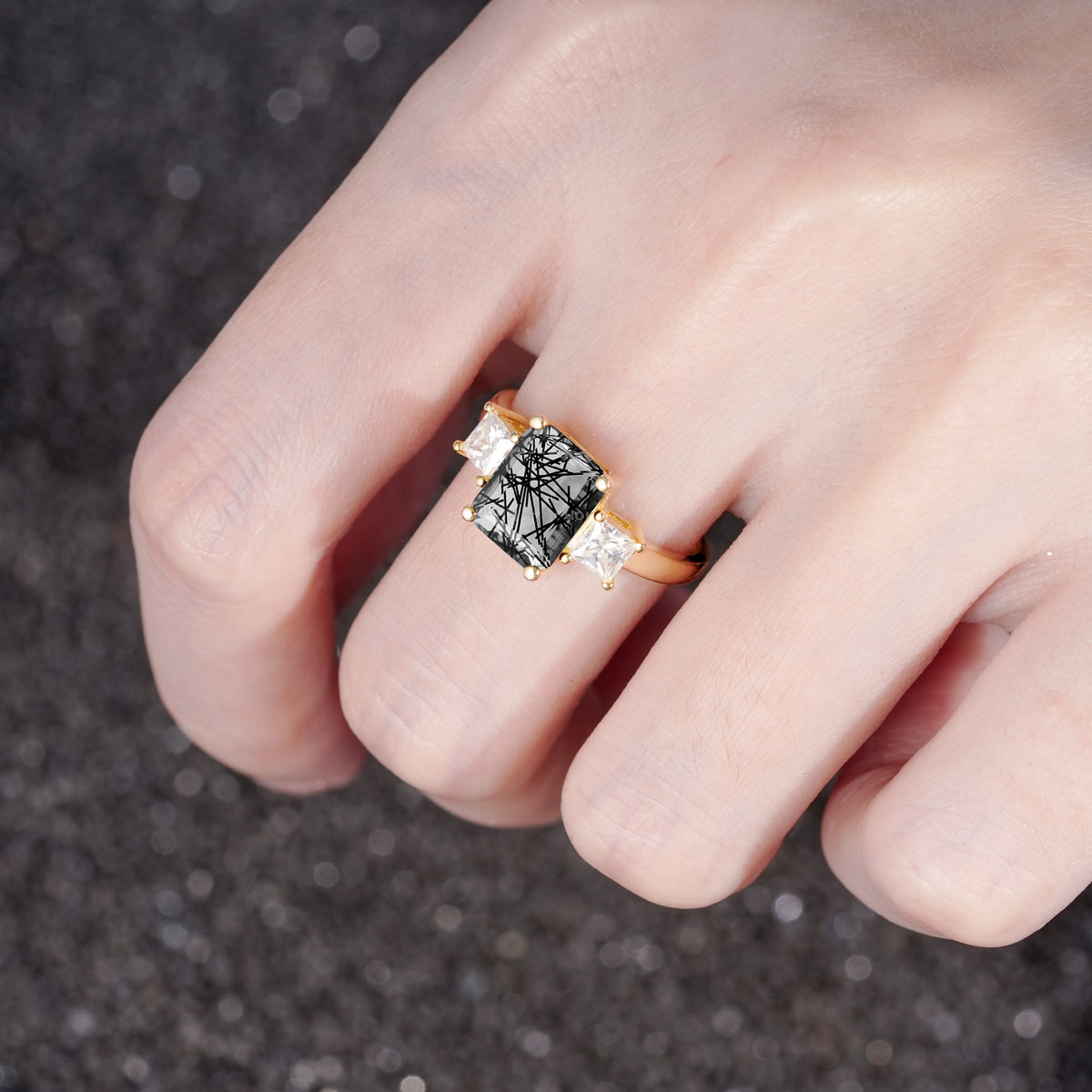 SR12583 Black Rutilated Quartz Ring - Rose-Gold