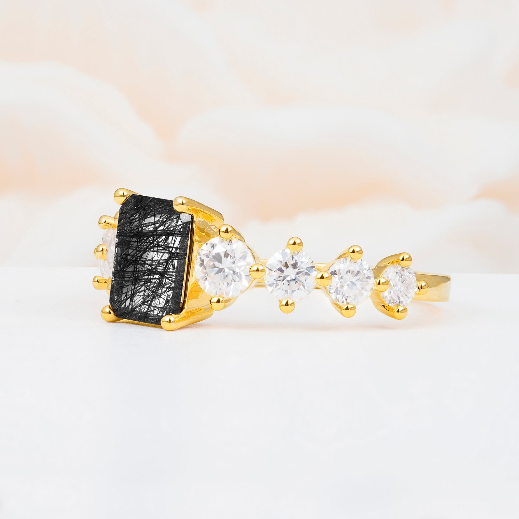 SR12633 Black Rutilated Quartz Ring - White-Gold