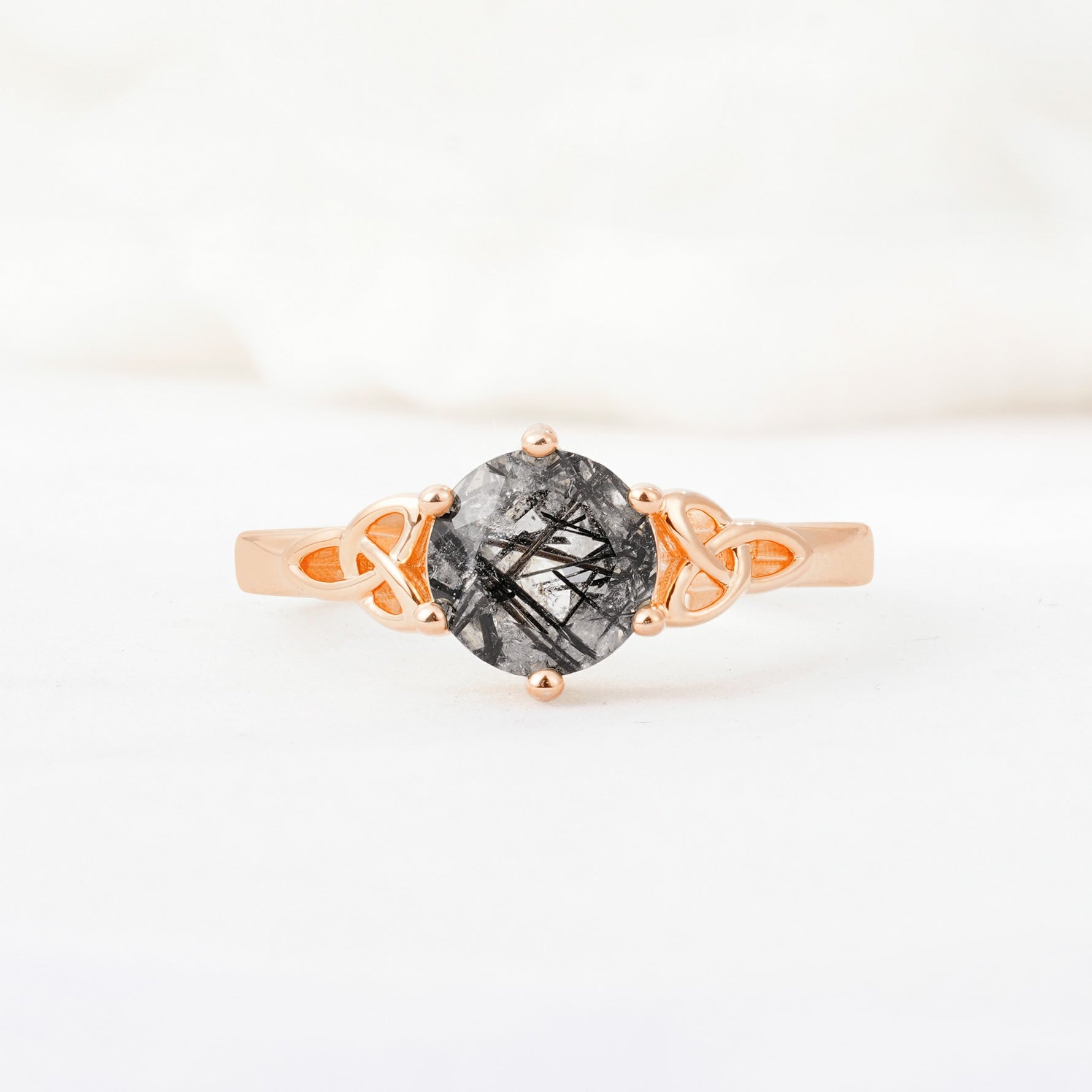 Celtic Knot Round Cut Black Rutilated Quartz Engagement Ring for Her - Additional view