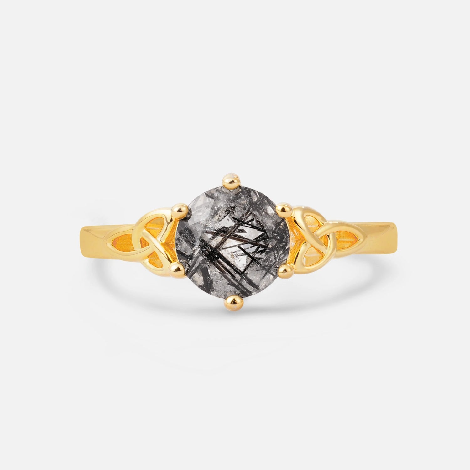 Celtic Knot Round Cut Black Rutilated Quartz Engagement Ring for Her