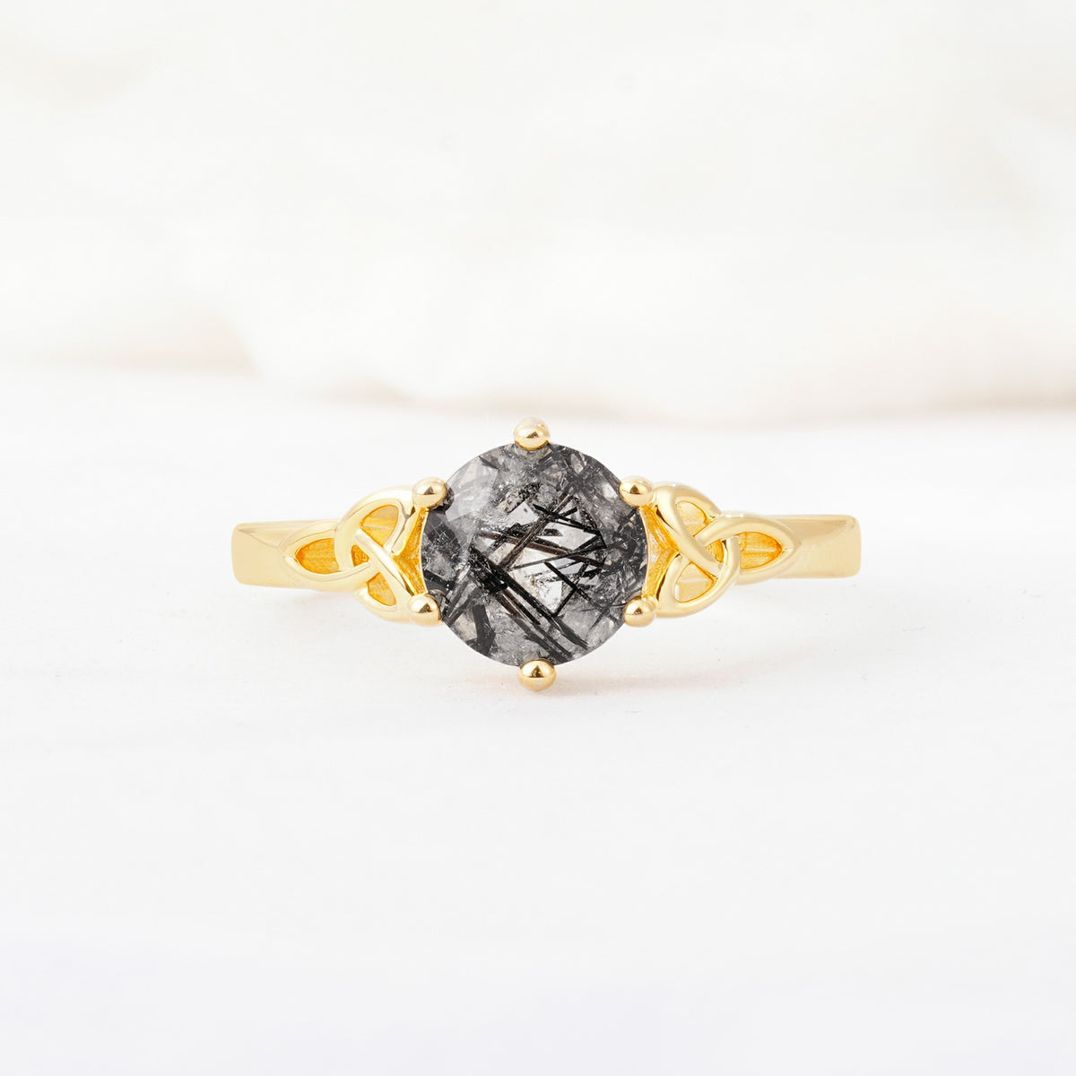 Celtic Knot Round Cut Black Rutilated Quartz Engagement Ring for Her - Additional view