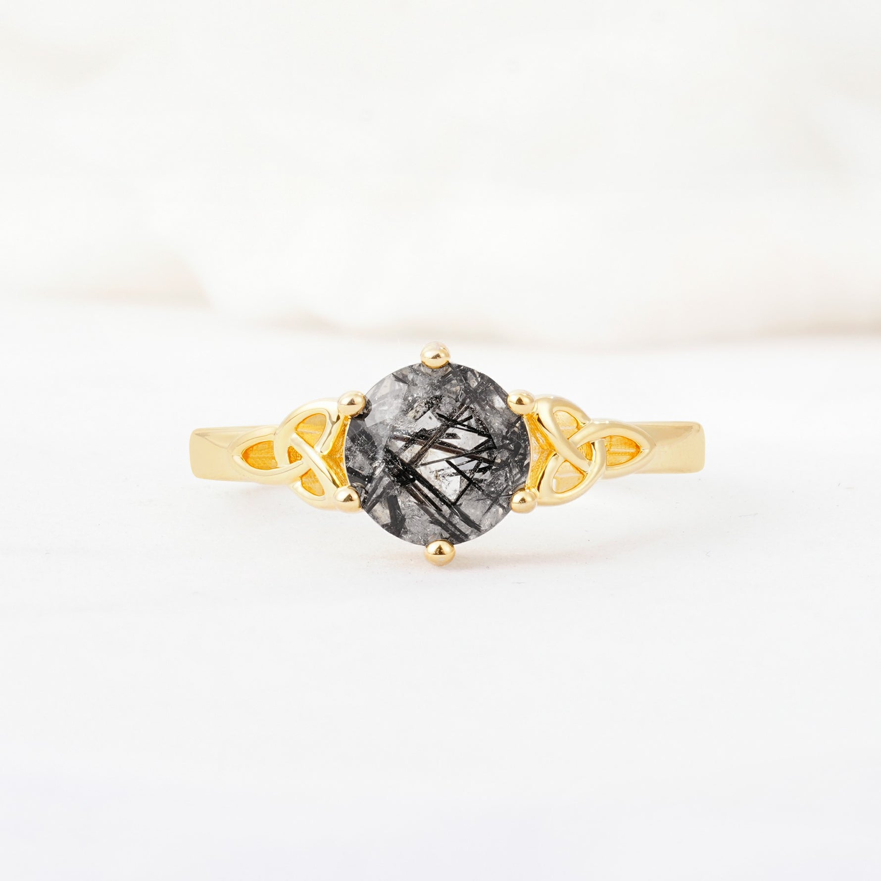 Celtic Knot Round Cut Black Rutilated Quartz Engagement Ring for Her - Additional view