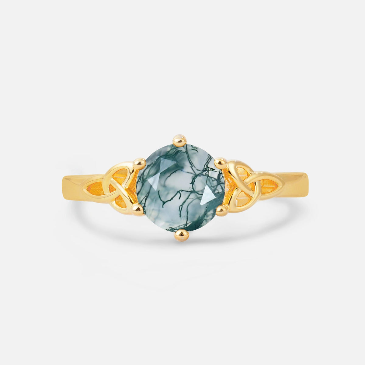Celtic Knot Round Cut Moss Agate Engagement Ring for Her