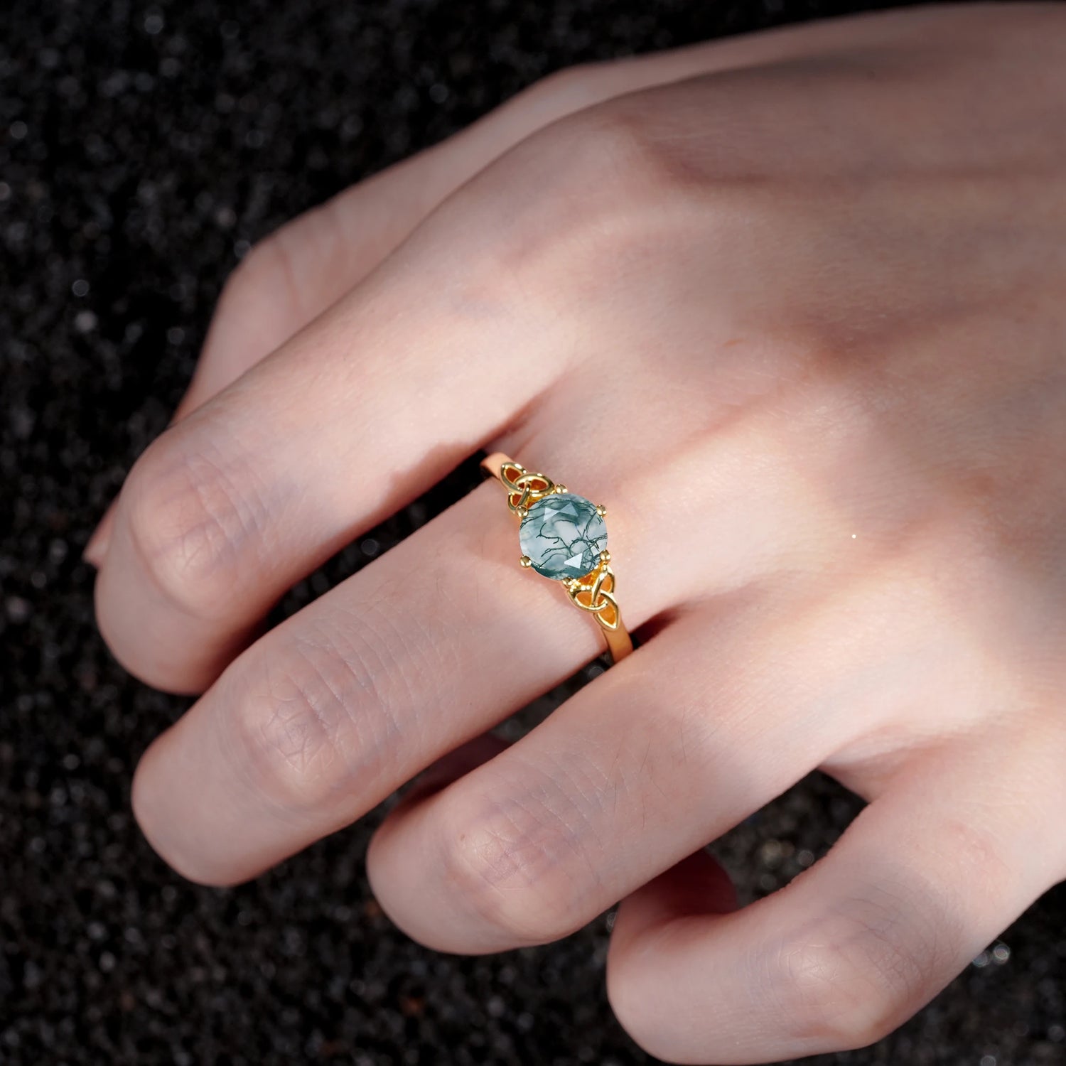 Celtic Knot Round Cut Moss Agate Engagement Ring for Her