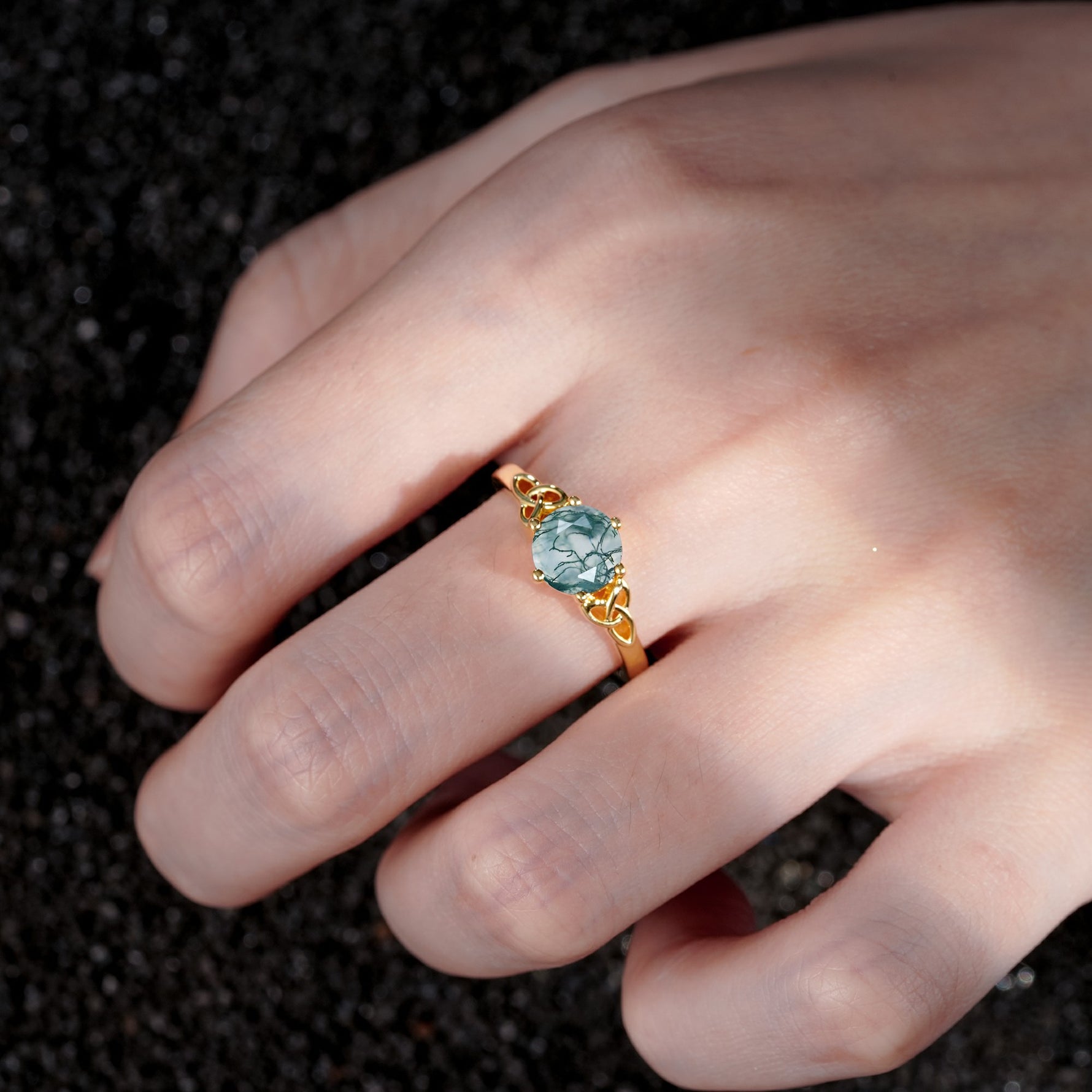 Celtic Knot Round Cut Moss Agate Engagement Ring for Her - Additional view