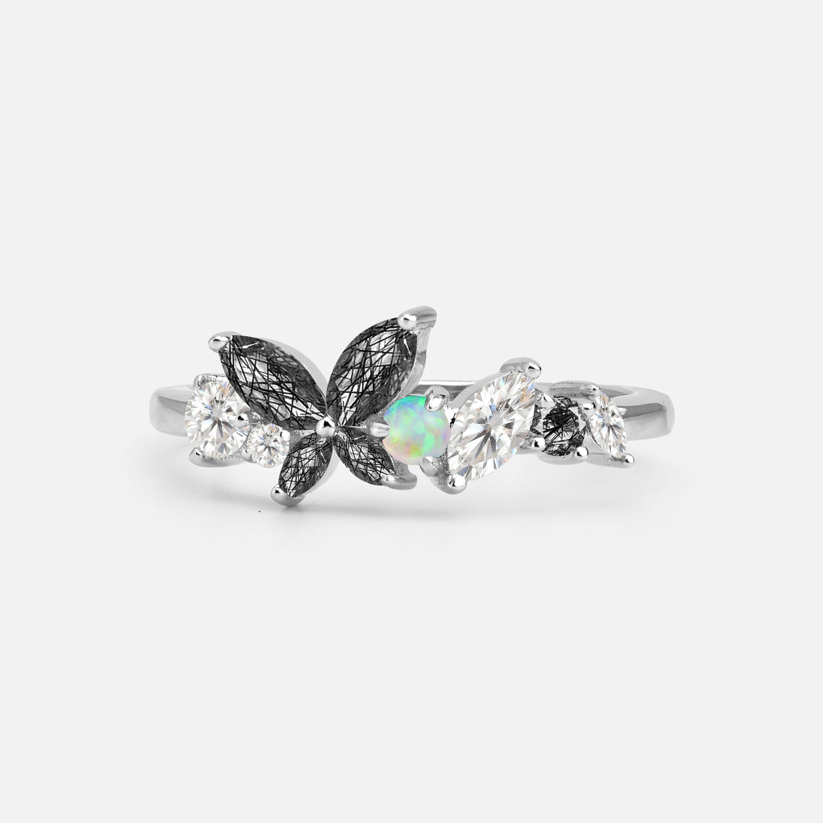 Butterfly Black Rutilated Quartz Statement Ring with Marquise and Round Stones