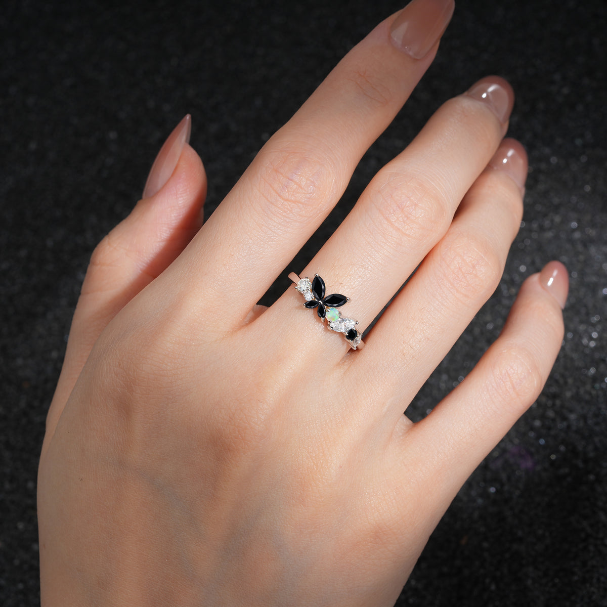 Butterfly Black Onyx Statement Ring with Marquise and Round Stones