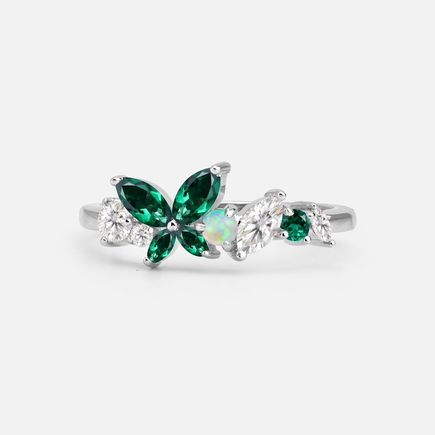 Butterfly Emerald Statement Ring with Marquise and Round Stones