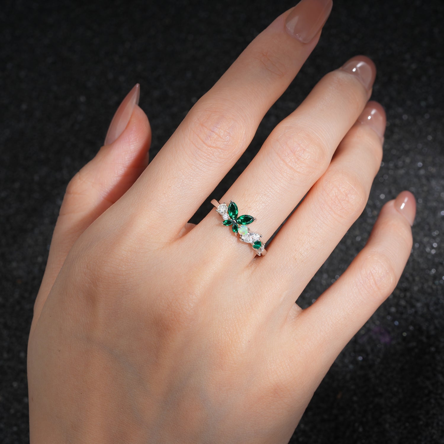Butterfly Emerald Statement Ring with Marquise and Round Stones