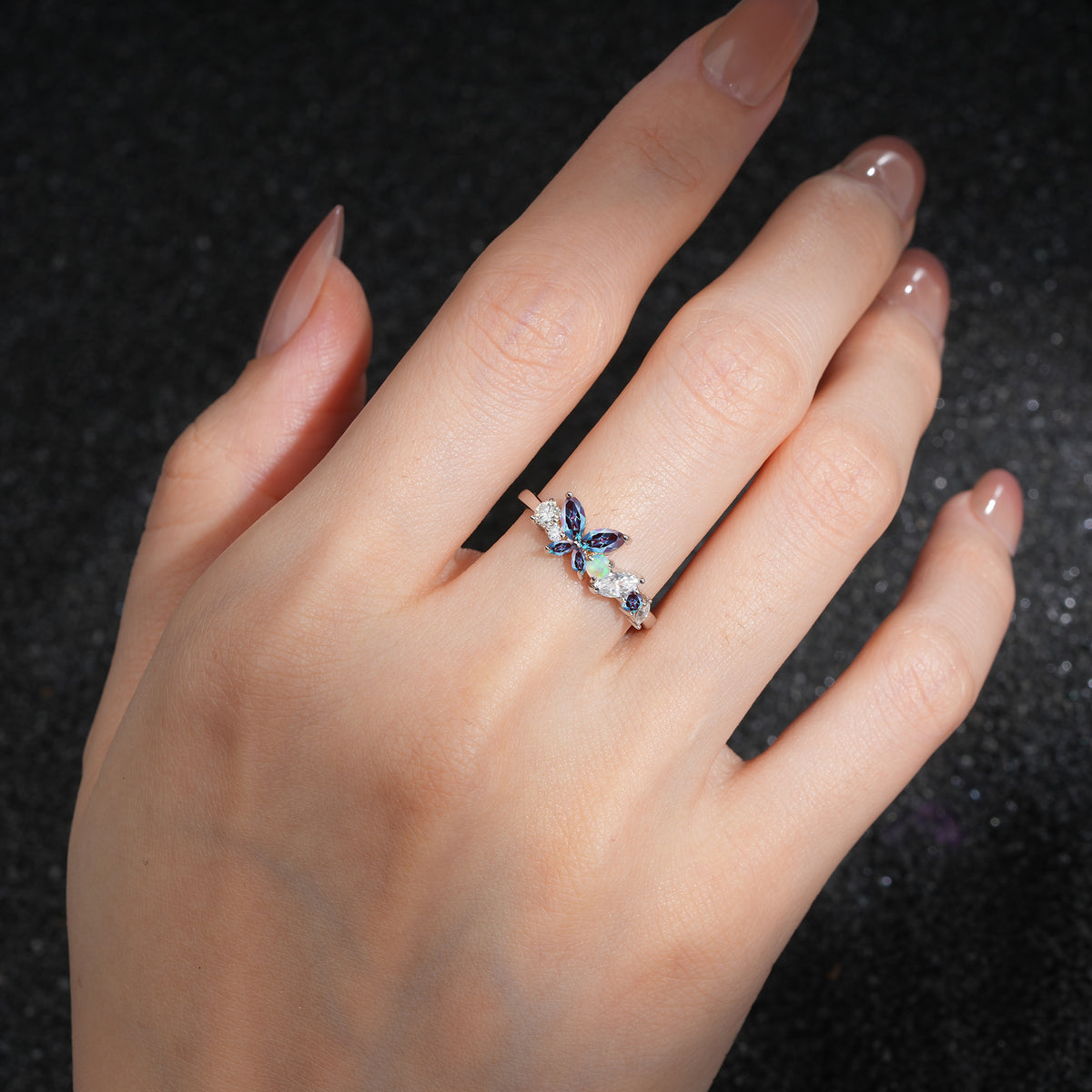 Butterfly Alexandrite Statement Ring with Marquise and Round Stones