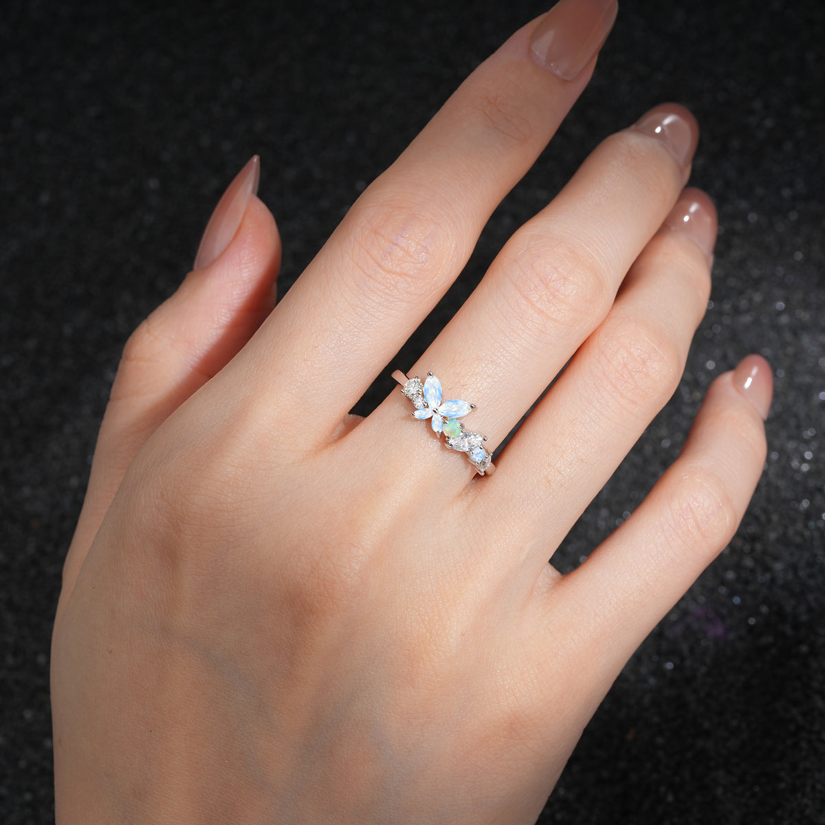 Butterfly Moonstone Statement Ring with Marquise and Round Stones