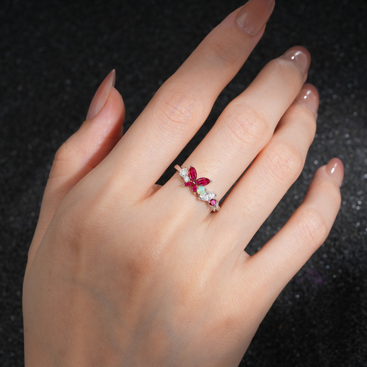 Butterfly Ruby Statement Ring with Marquise and Round Stones