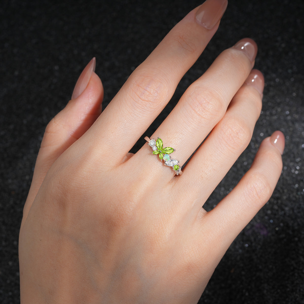 Butterfly Peridot Statement Ring with Marquise and Round Stones