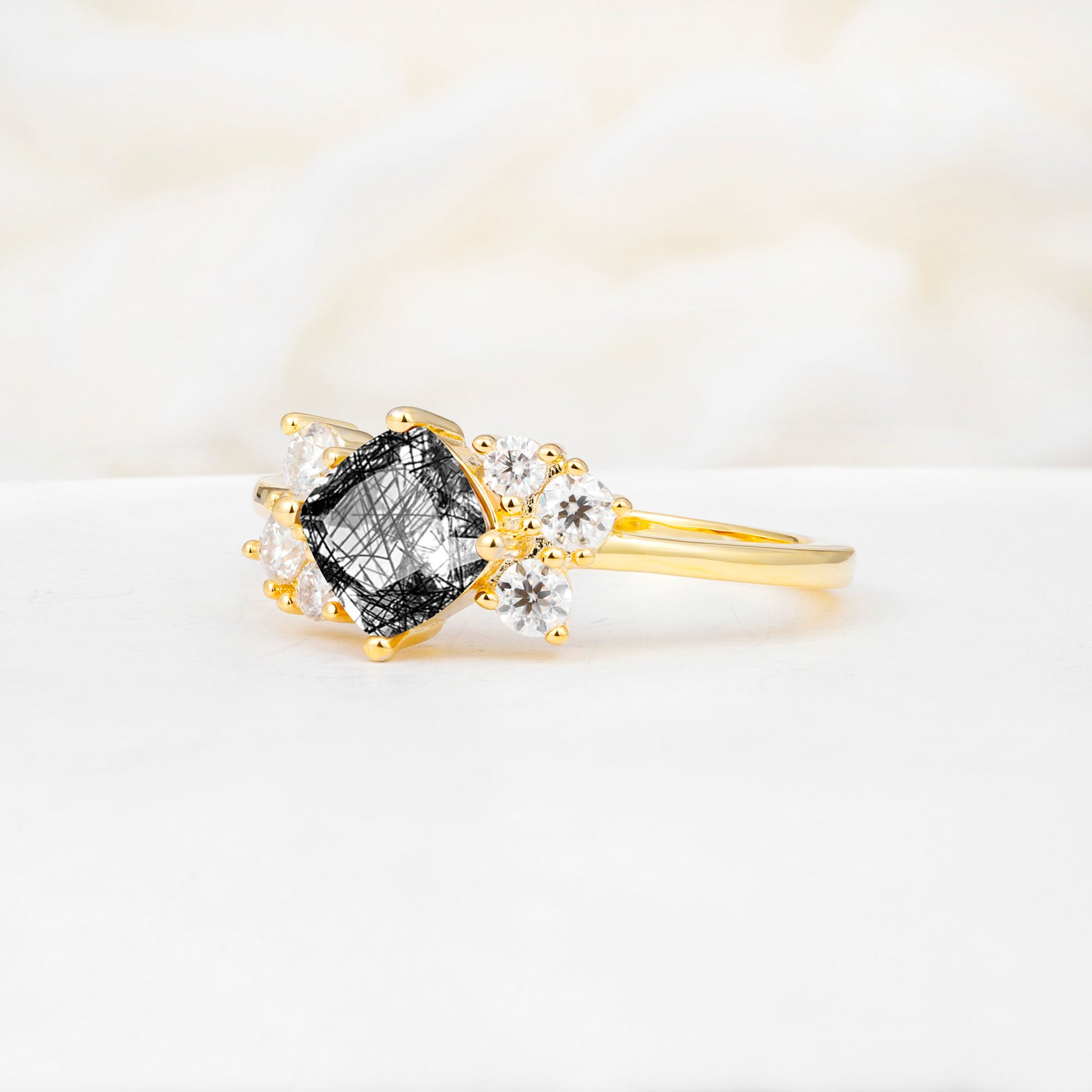 SR12947 Black Rutilated Quartz Ring - White-Gold