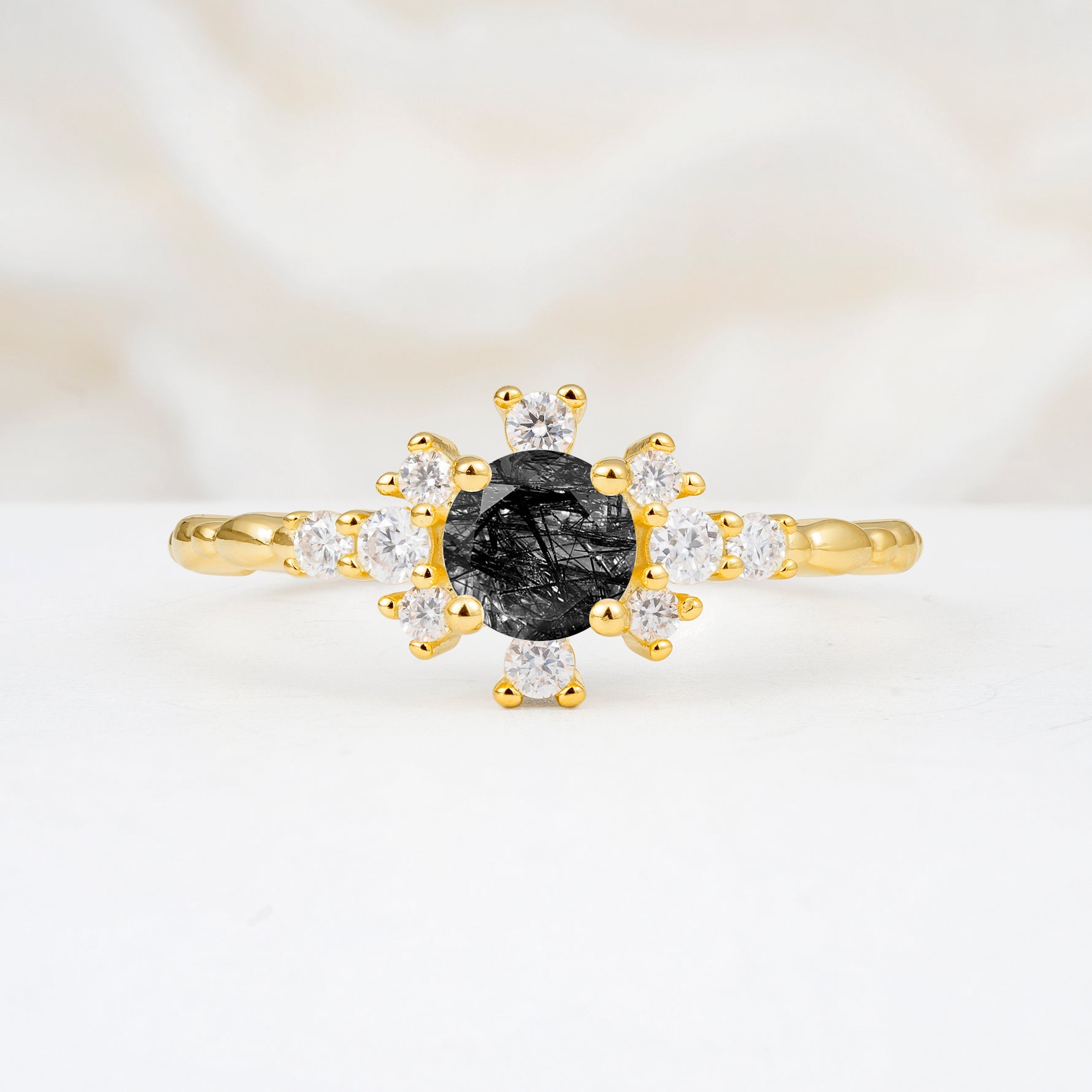 SR13123 Black Rutilated Quartz Ring - Yellow-Gold