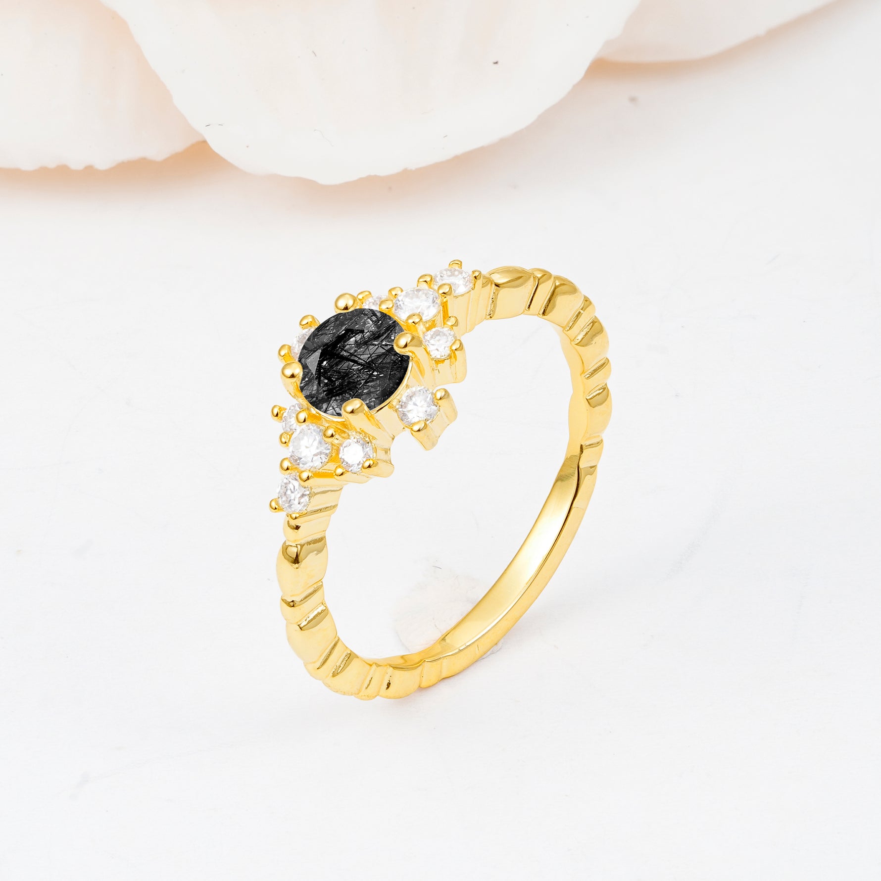 SR13123 Black Rutilated Quartz Ring - White-Gold