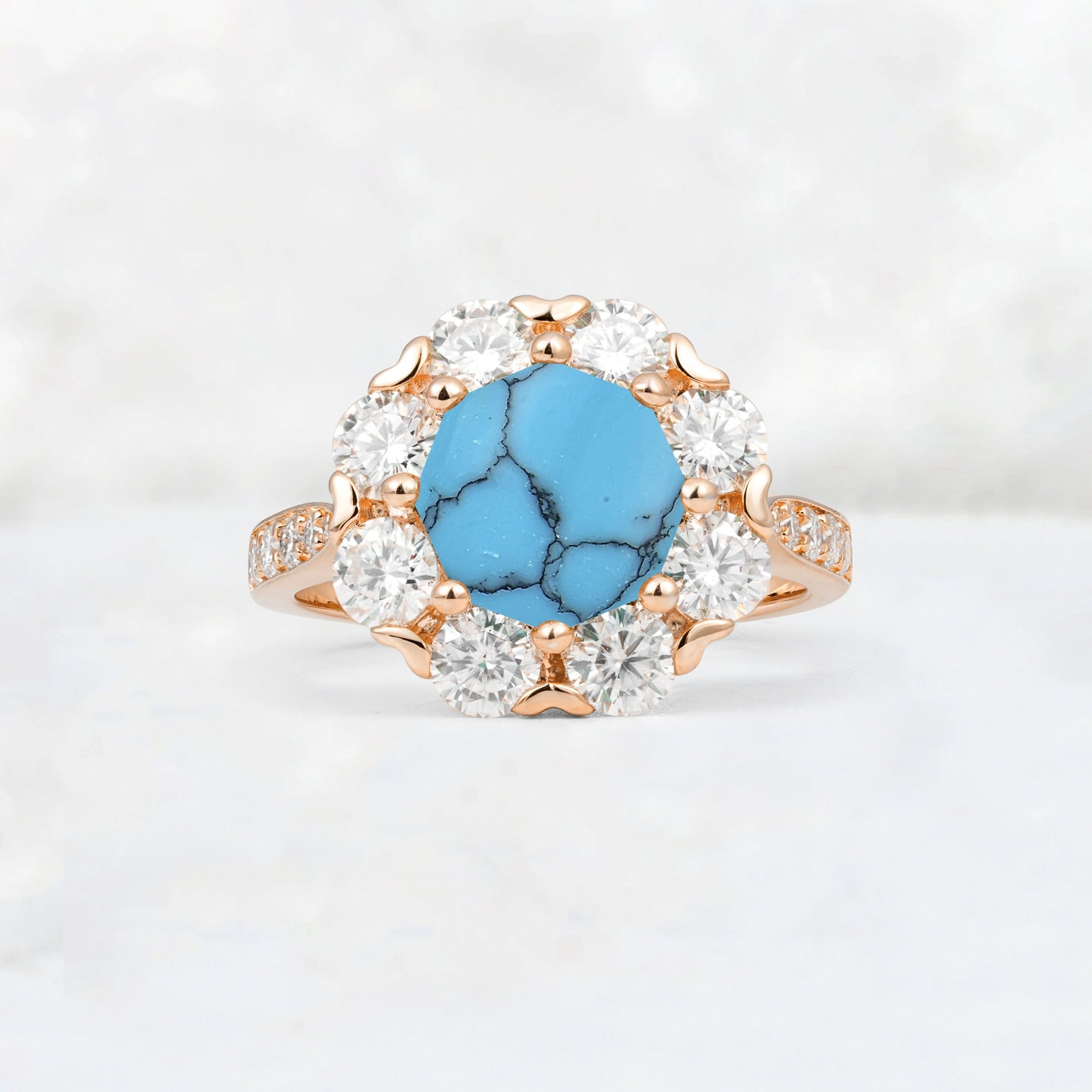 Round Cut Turquoise Floral Halo Engagement Ring - Additional view