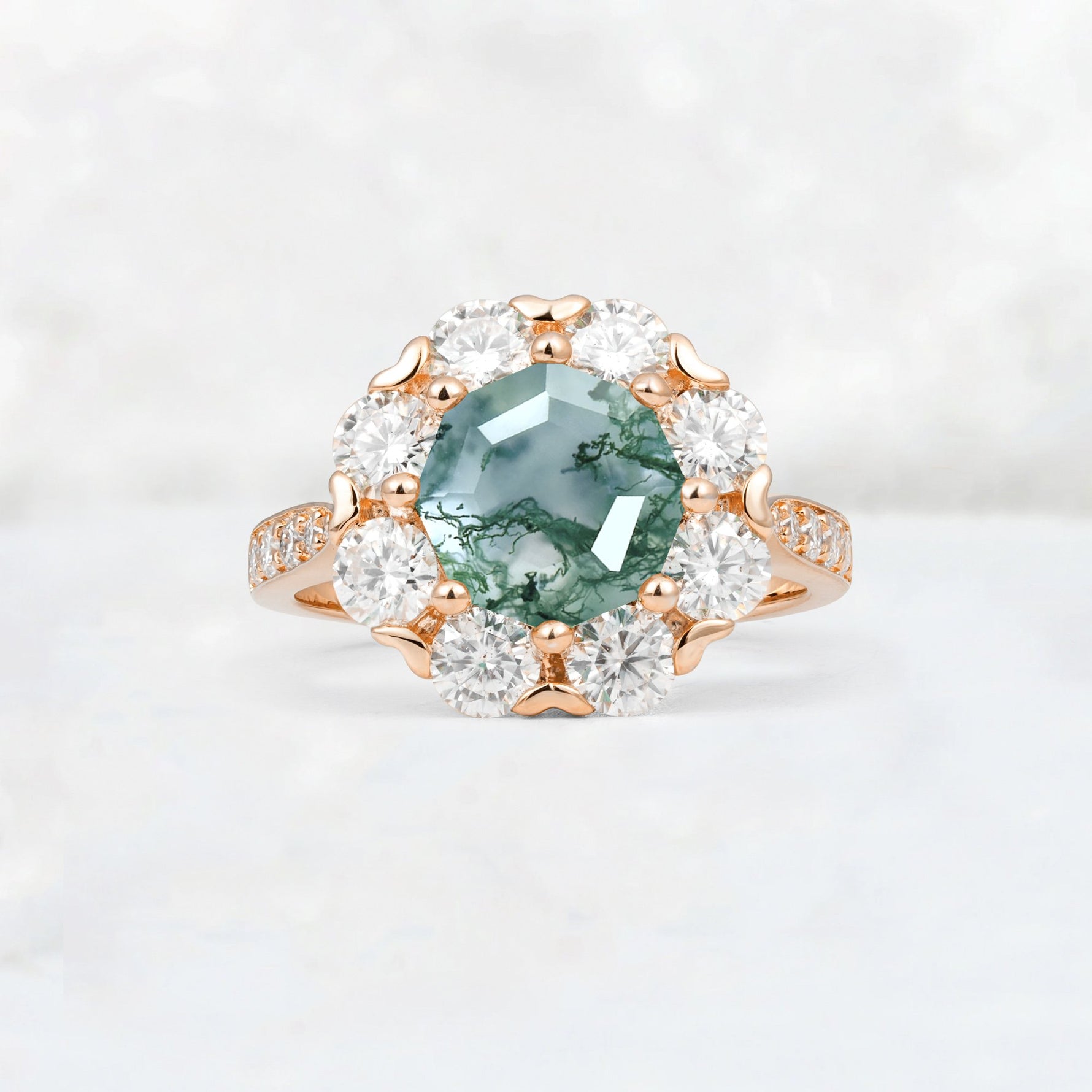 Round Cut Moss Agate Floral Halo Engagement Ring - Additional view