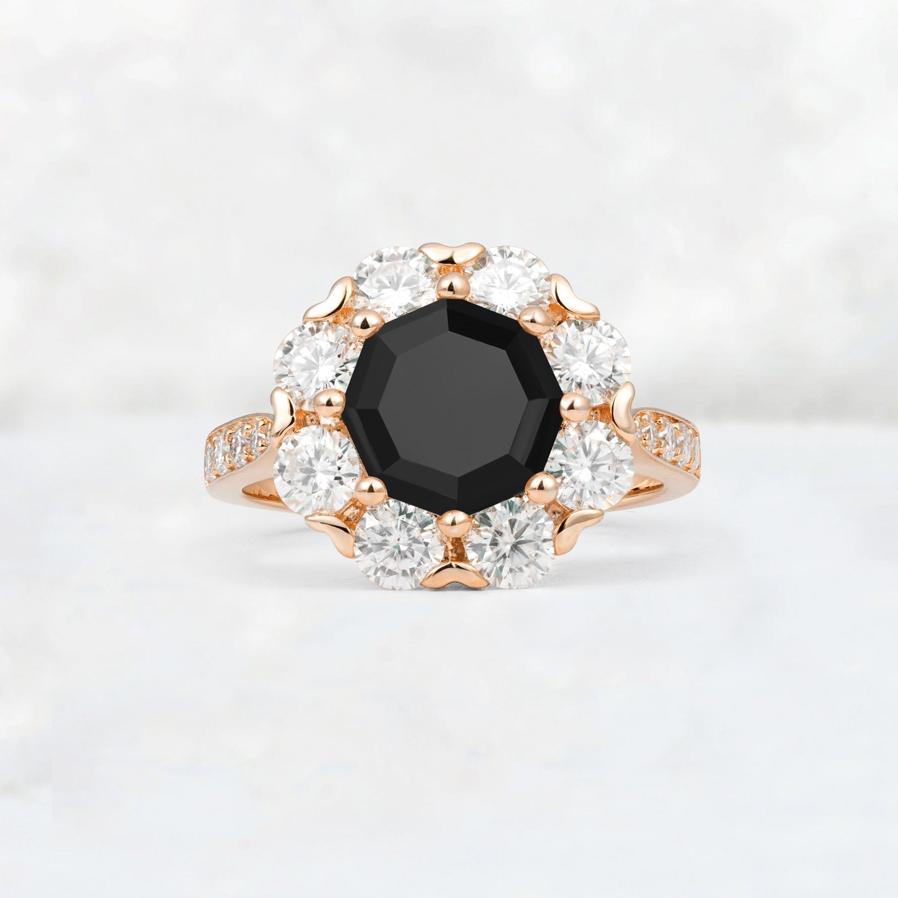 Round Cut Black Onyx Floral Halo Engagement Ring - Additional view