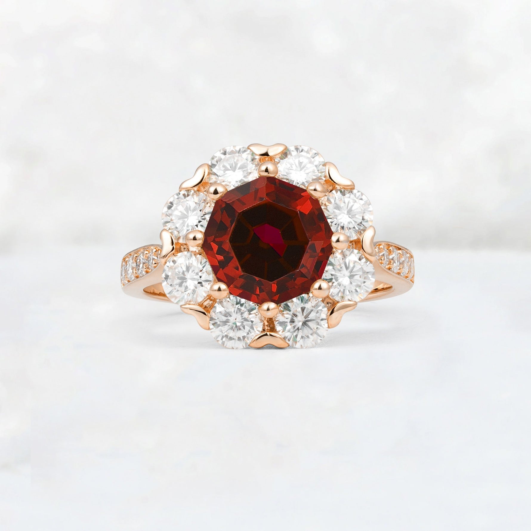 Round Cut Garnet Floral Halo Engagement Ring - Additional view