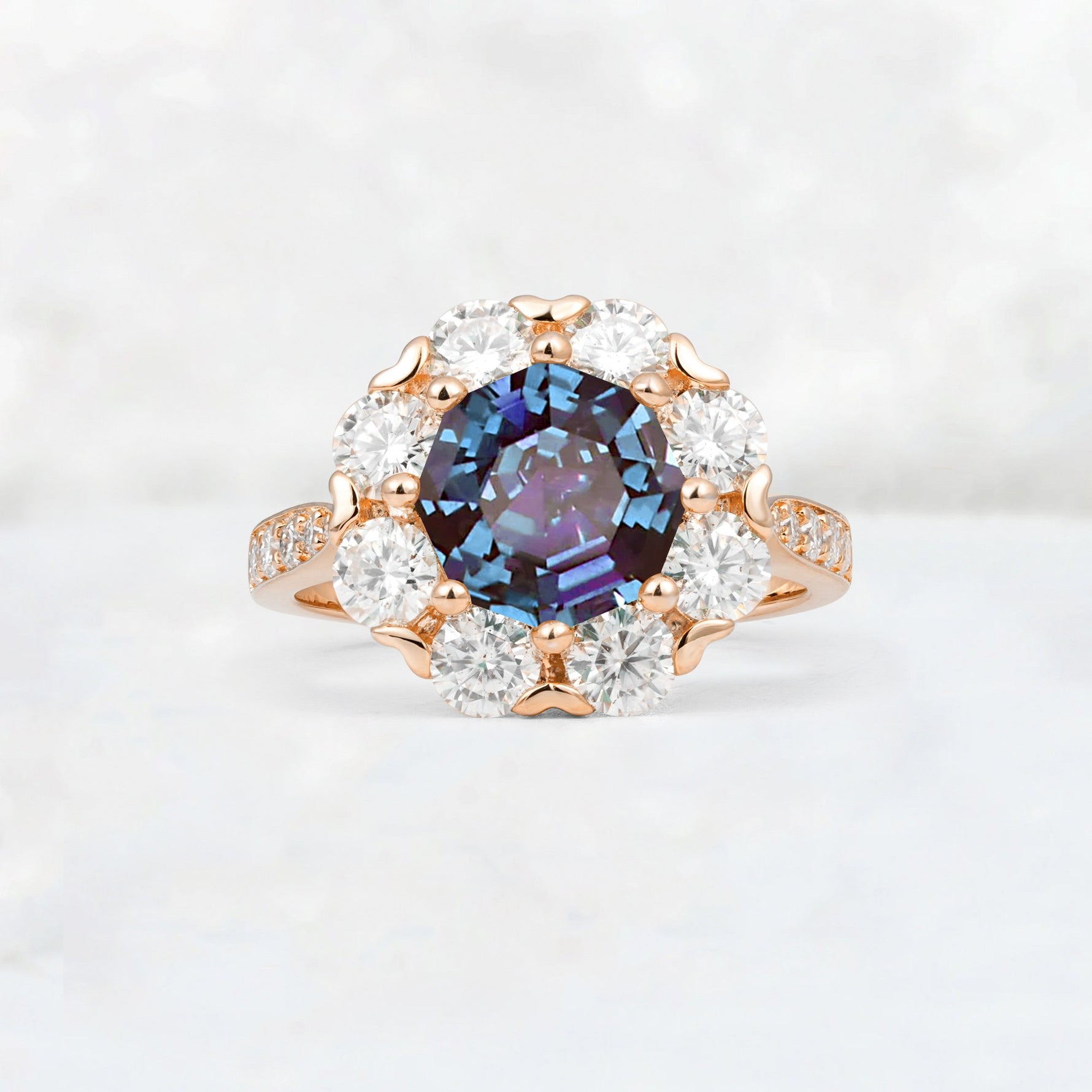Round Cut Alexandrite Floral Halo Engagement Ring - Additional view